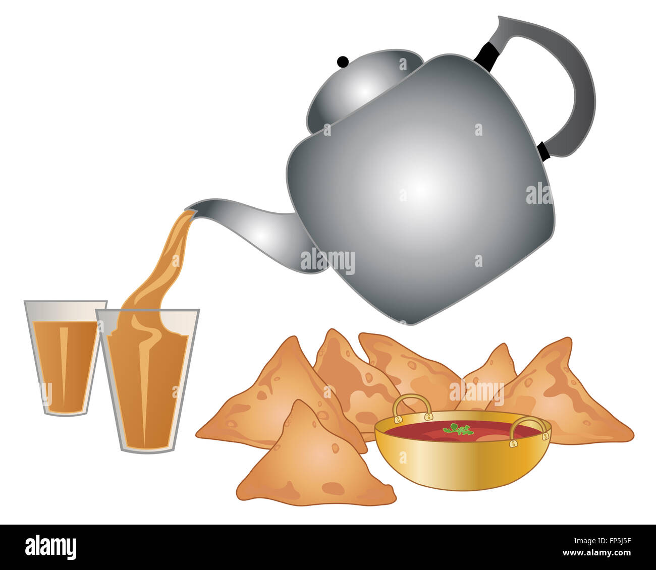 ein Beispiel für ein großes Metall indische Teekanne ausgießen Masala Tee in ein Glas mit einem Snack würzige Samosas und dip Stockfoto