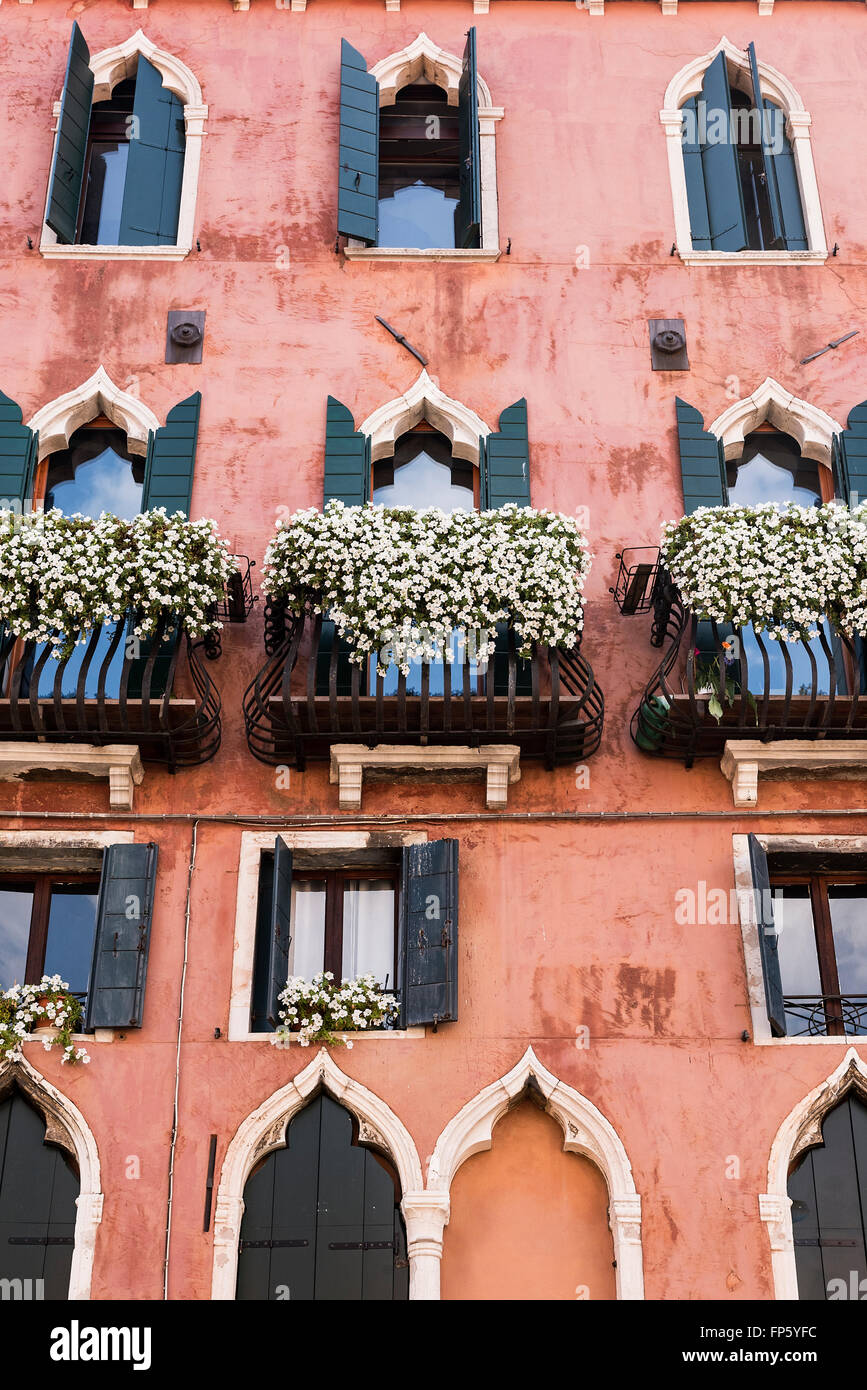 Blumen und Pflanzen schmücken die venezianischen Balkonen, Venedig, Italien Stockfoto