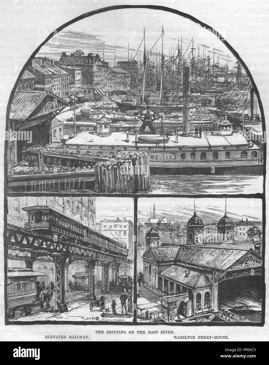 NEW YORK CITY: East River Versand; Hochbahn; Hamilton Fährhaus, 1882 Stockfoto