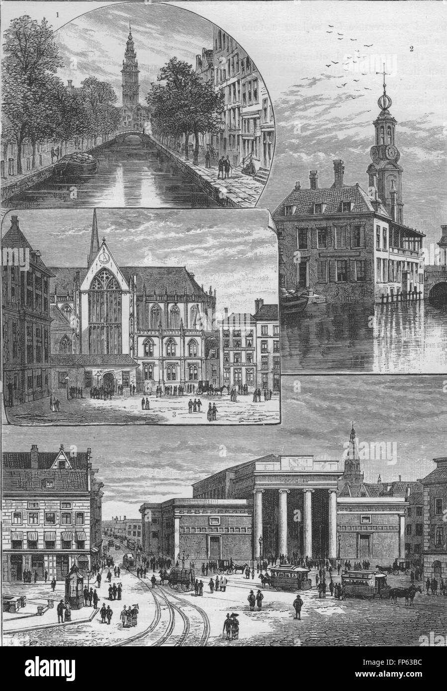 AMSTERDAM: South Church; Münzerturm; Dam-Platz; Exchange, antiken Druck 1882 Stockfoto