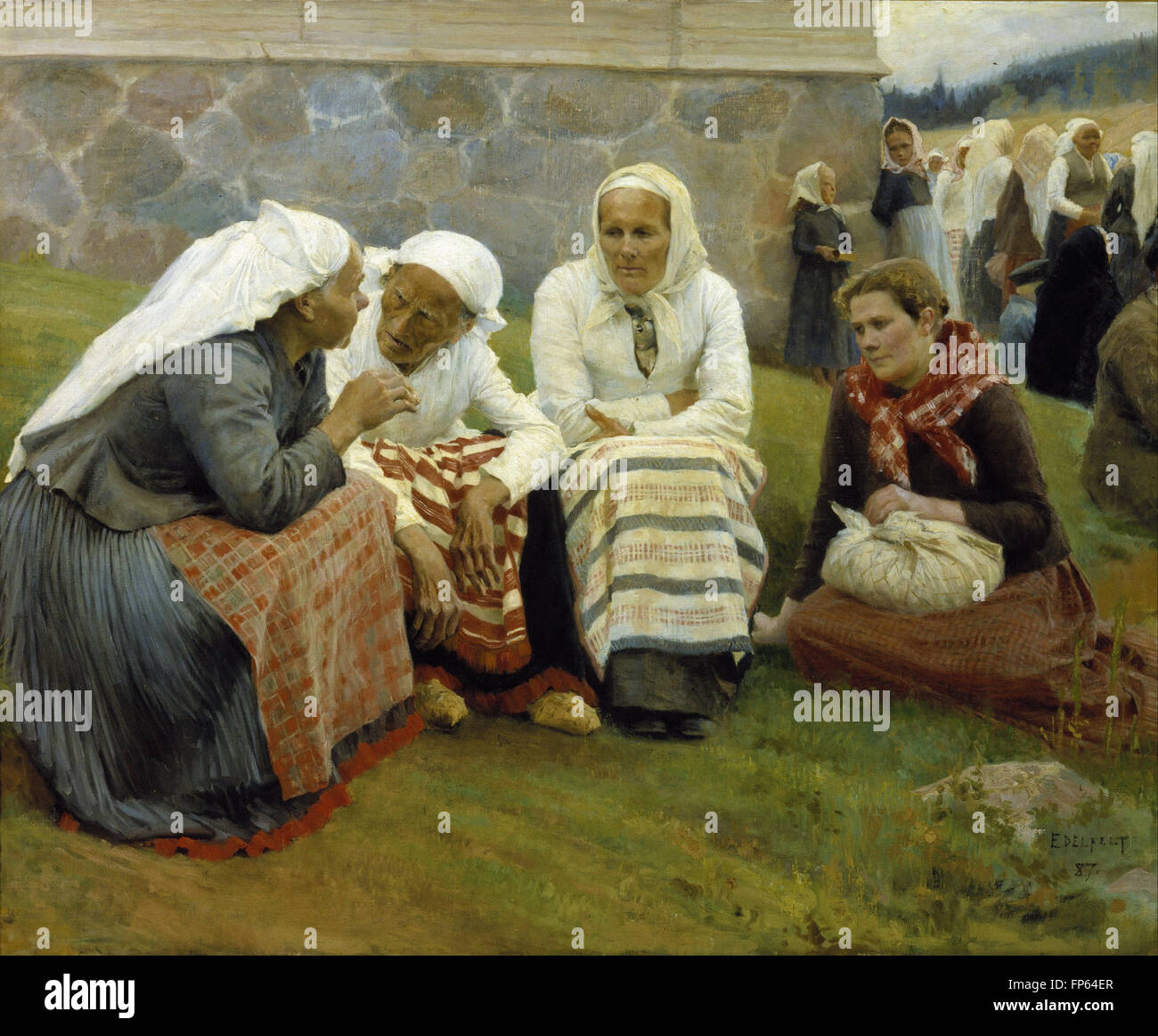 Albert Edelfelt - Frauen außerhalb der Kirche von hier Stockfoto