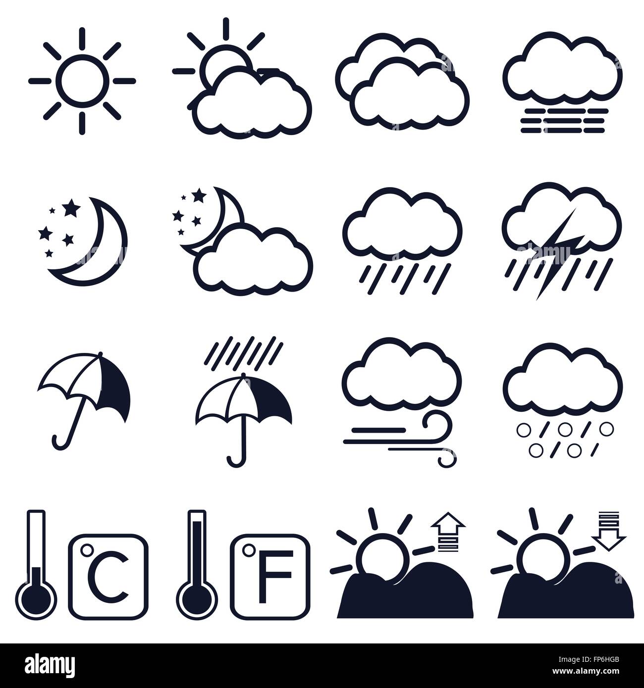 16 Wettersymbole auf weißem Hintergrund. Vektor-Illustration. Stock Vektor