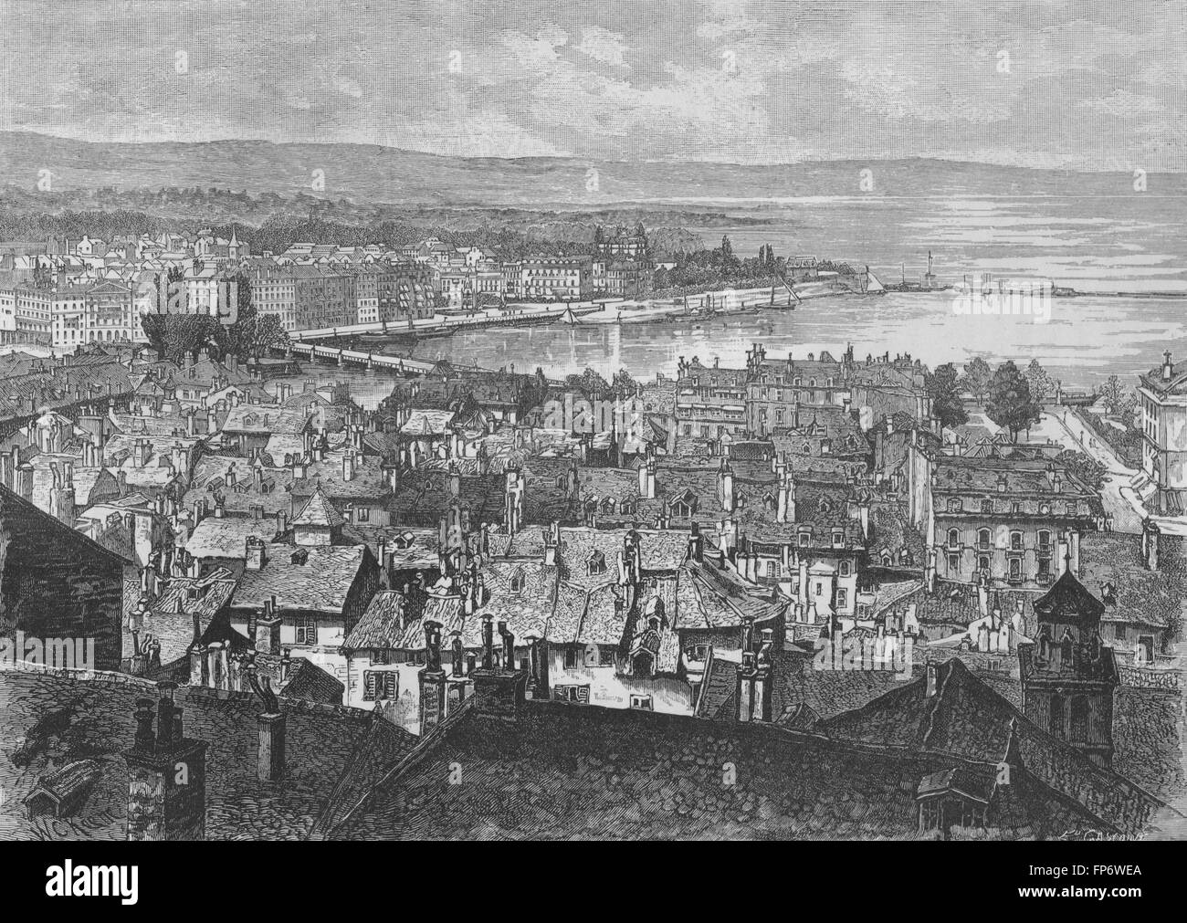 Genf: Blick auf den Genfer, mit Blick auf den See, antique print 1882 Stockfoto
