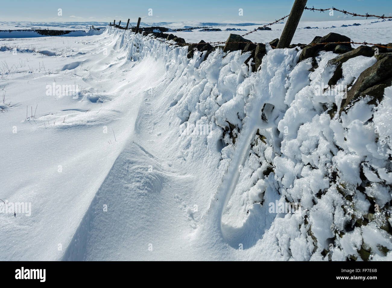 Schnee und Eis auf einer Trockenmauer zwischen South Head und Brown Knoll, in der Nähe von Hayfield, Peak District, Derbyshire, England, UK Stockfoto