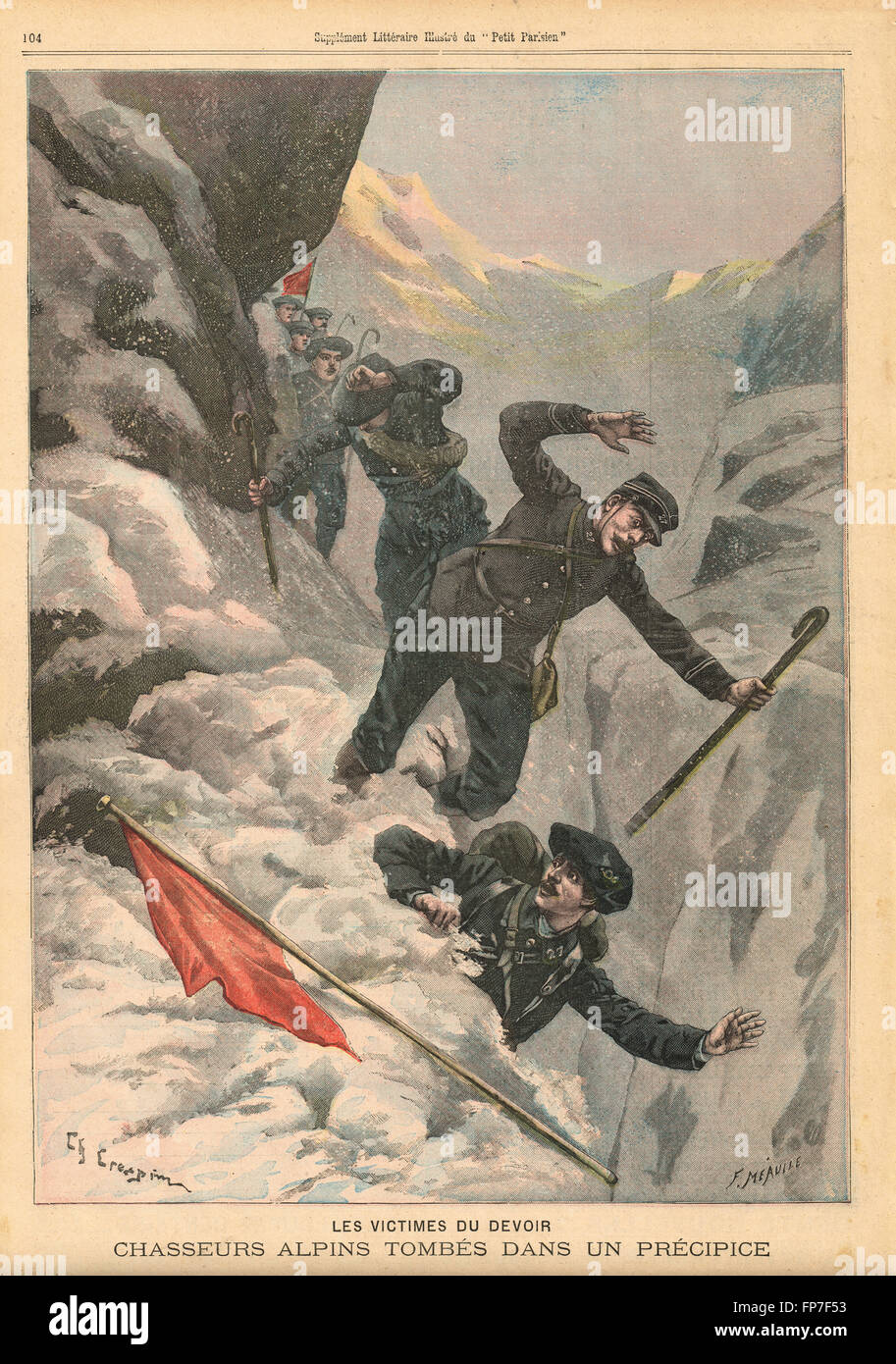 Chasseurs Alpins Alpini Französische Berg Infanterie fällt in den Abgrund Frankreich 1900. Französische illustrierte Zeitung Le Petit Parisien Illustration Stockfoto