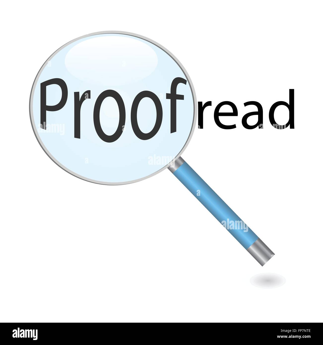 Bild einer Lupe mit Schwerpunkt auf das Wort Korrekturlesen isoliert auf weißem Hintergrund. Stock Vektor