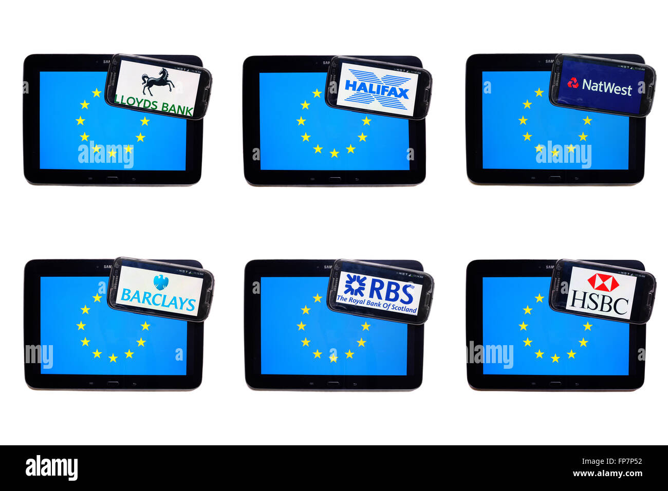 Die Logos der britischen Banken auf den Bildschirmen der Smartphones, die auf der EU-Flagge angezeigt. Stockfoto
