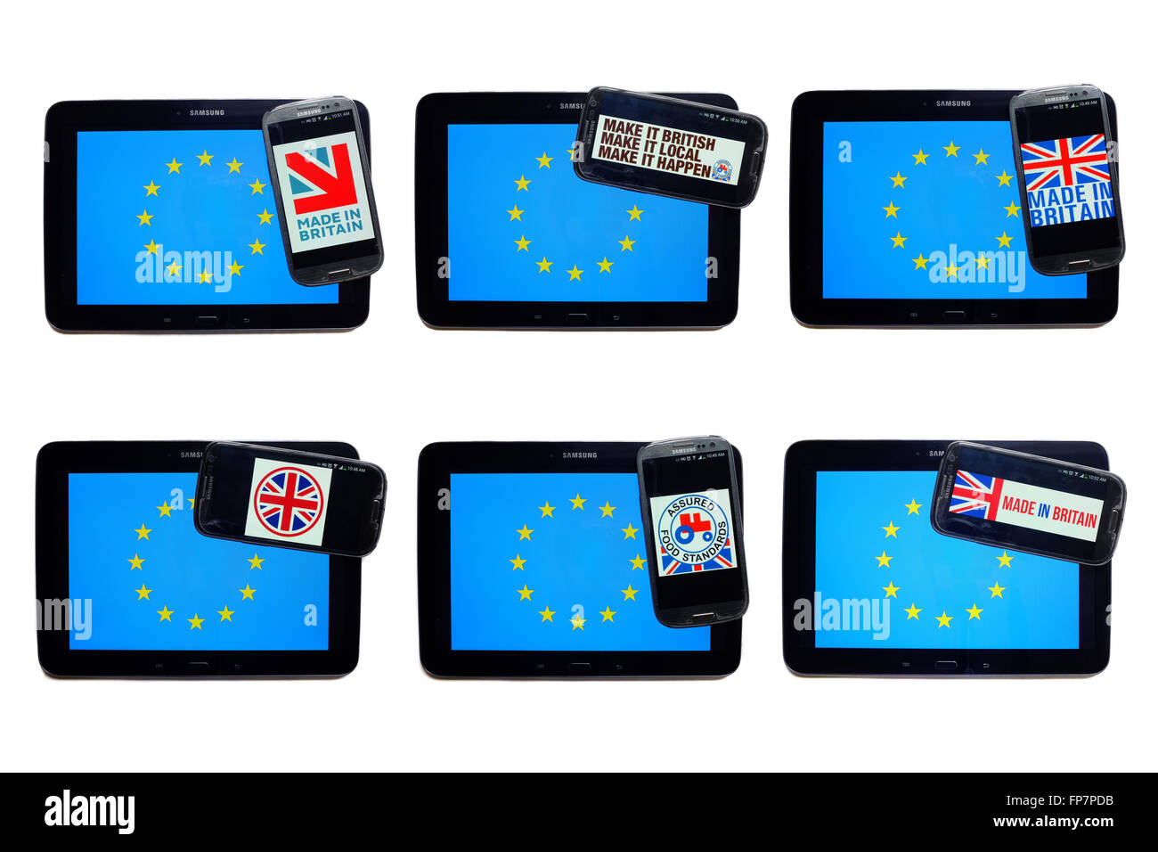 Hergestellt in Großbritannien-Logos auf den Bildschirmen der Smartphones, die auf der EU-Flagge angezeigt. Stockfoto