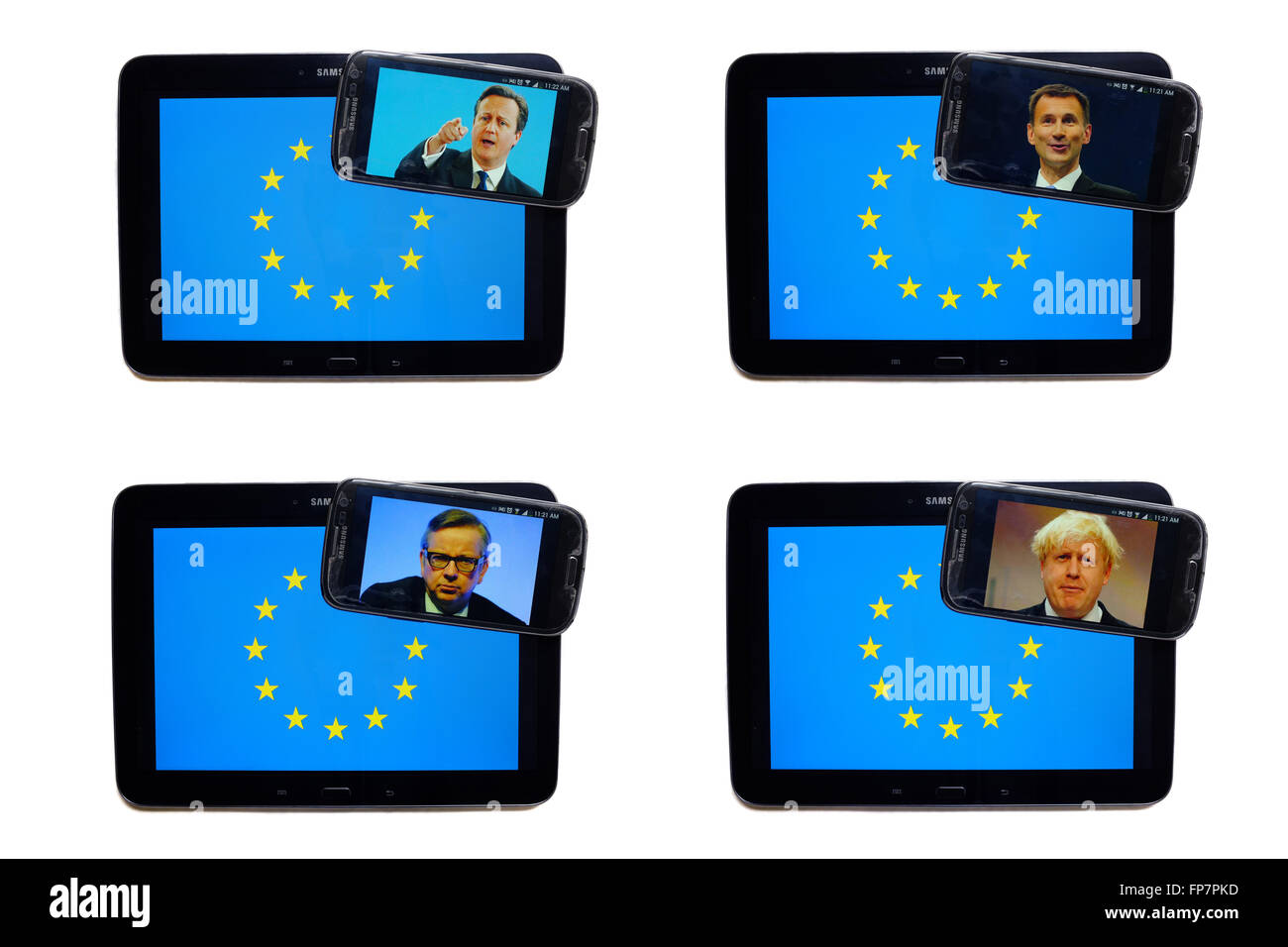 Die Gesichter der britische Politiker auf die Bildschirme von Smartphones, die auf der EU-Flagge angezeigt. Stockfoto