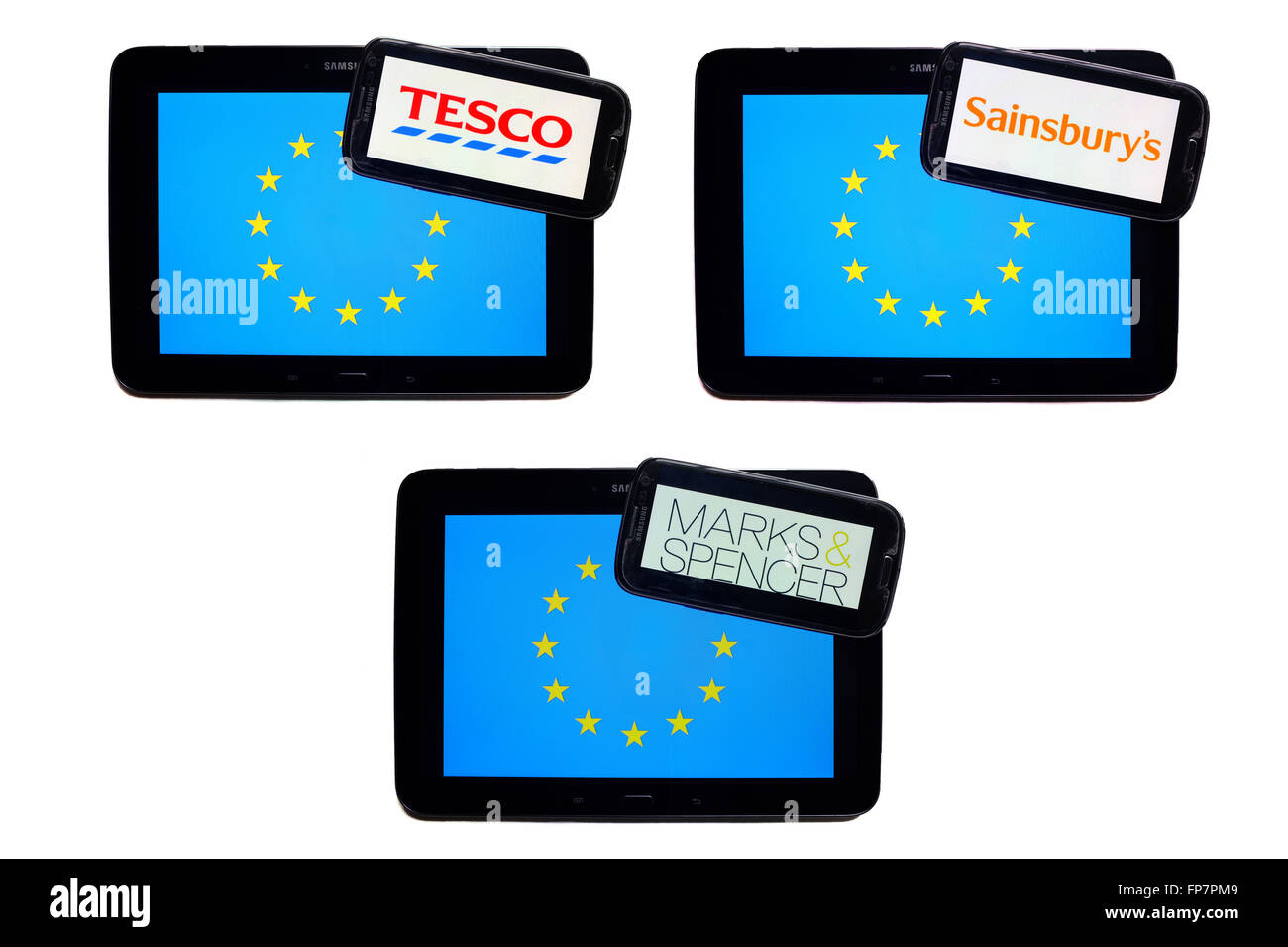 Die Logos der britischen Firmen auf die Bildschirme von Smartphones, die auf der EU-Flagge angezeigt. Stockfoto