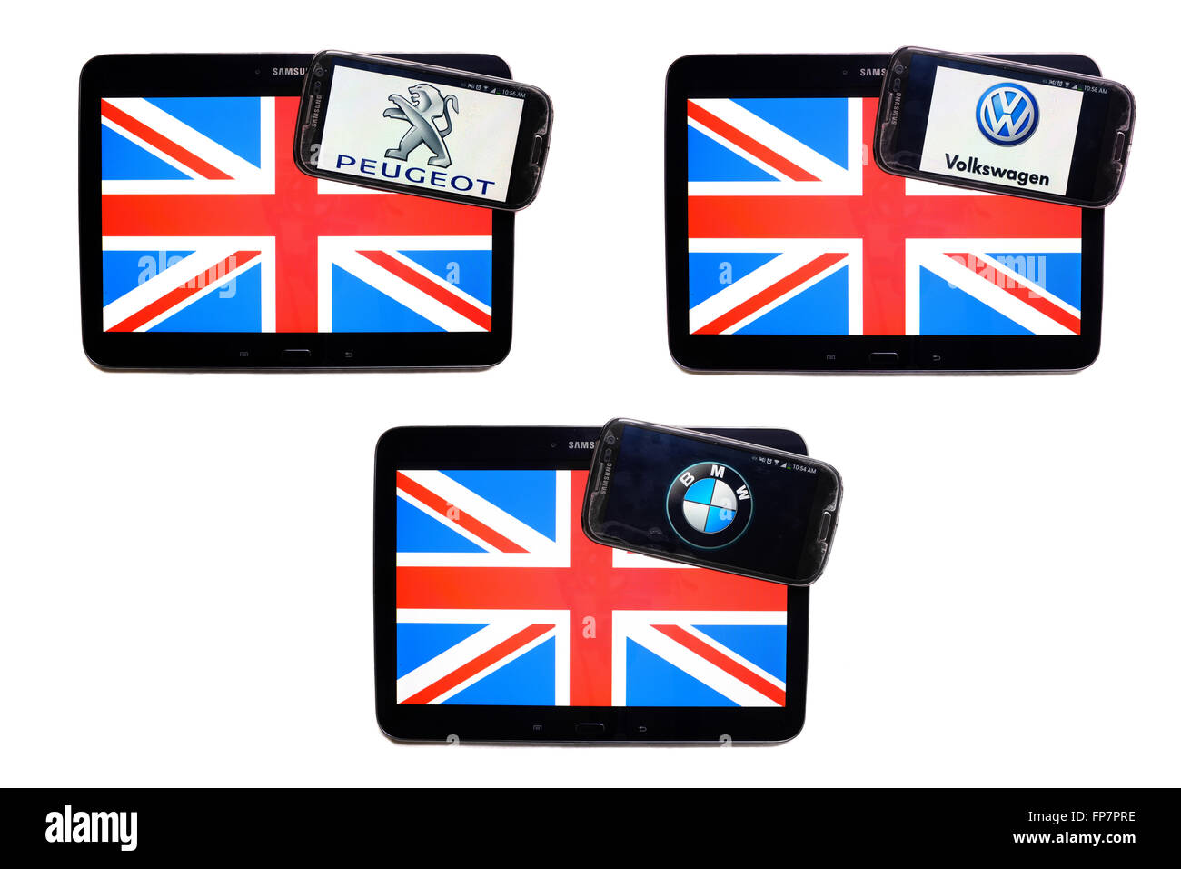 Die Logos der europäischen Unternehmen auf dem Bildschirm des Smartphones auf Union Jacks angezeigt. Stockfoto