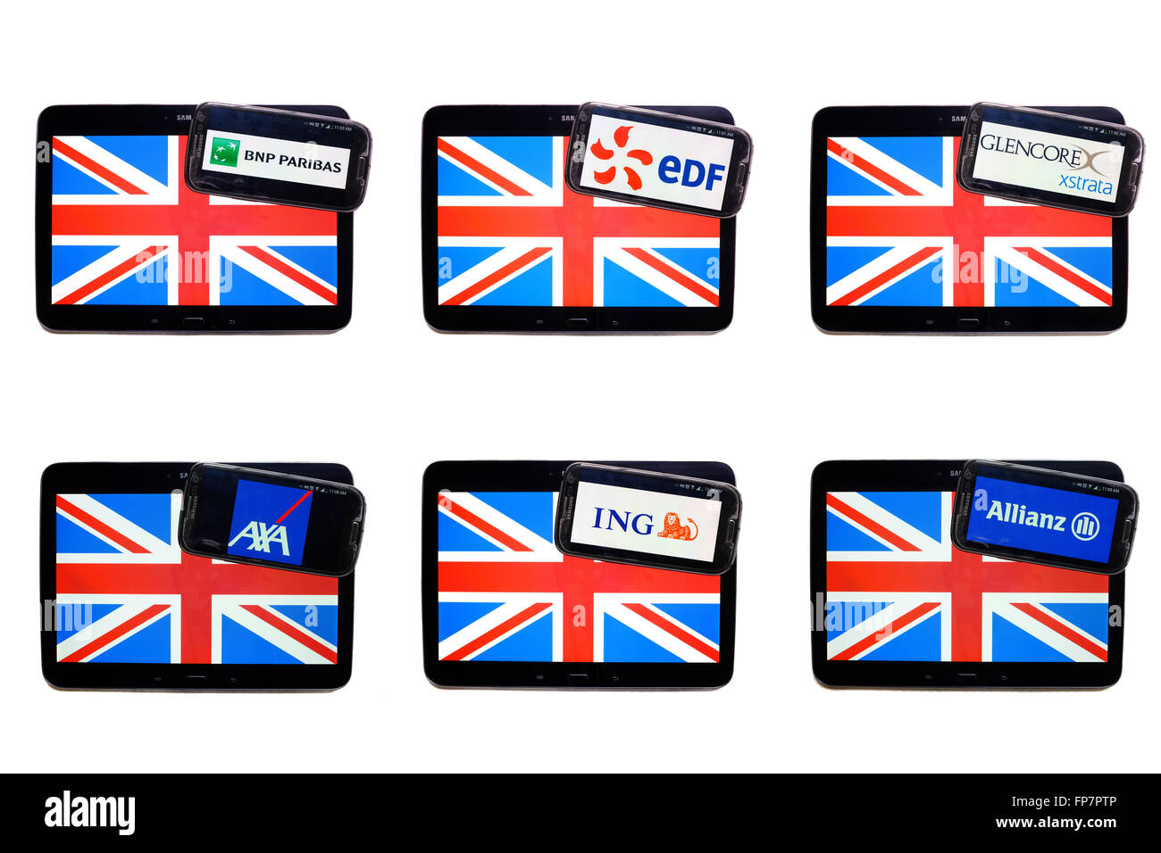 Die Logos der europäischen Unternehmen auf dem Bildschirm des Smartphones auf Union Jacks angezeigt. Stockfoto