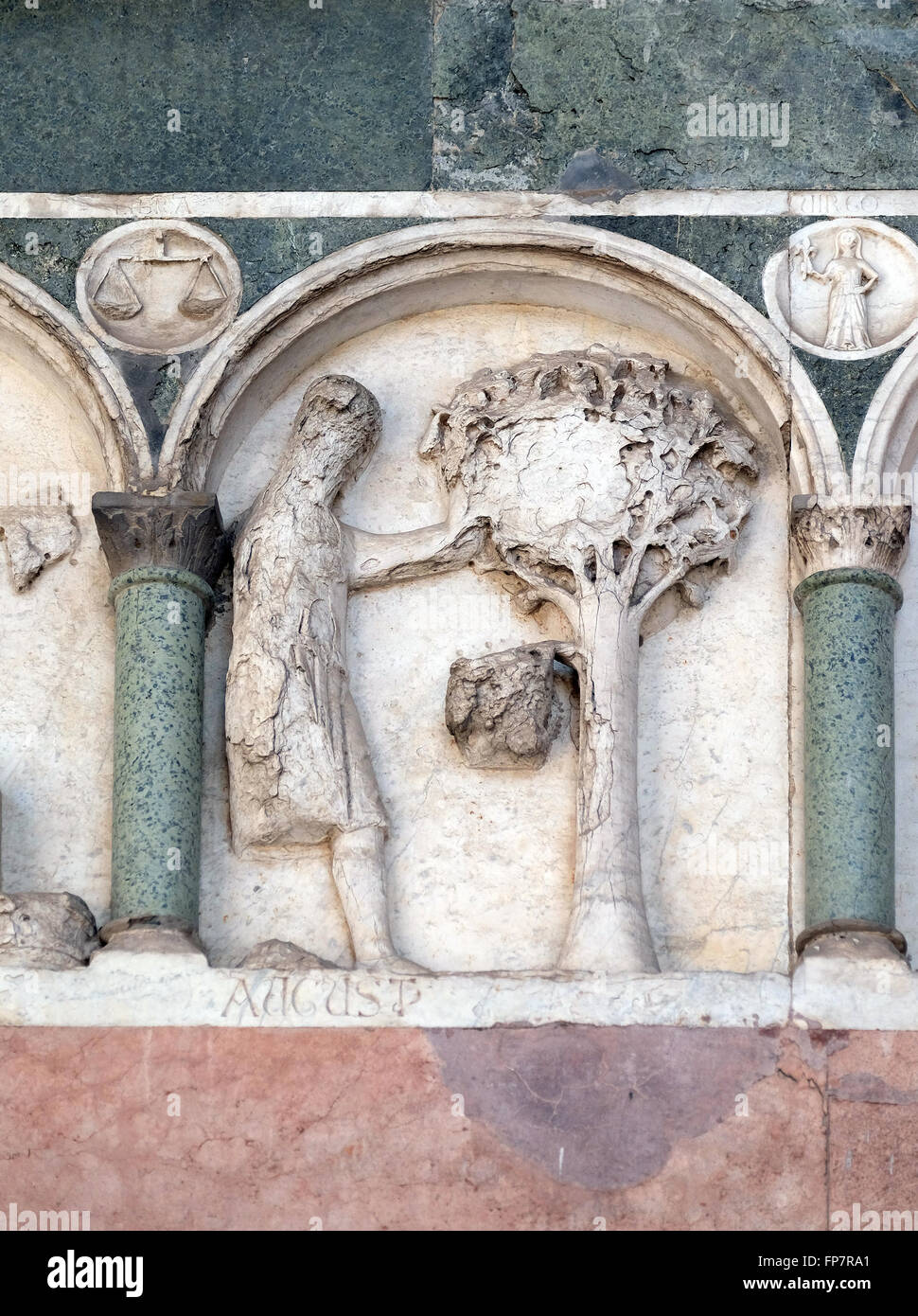 August, Basrelief repräsentieren die Arbeit der Monate des Jahres, Portal der Kathedrale von St. Martin in Lucca, Italien Stockfoto