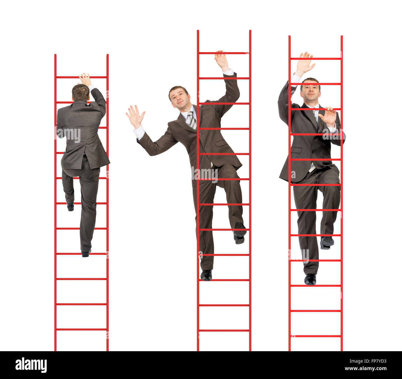 Drei Unternehmer beim Treppensteigen, isoliert auf weißem Hintergrund Stockfoto