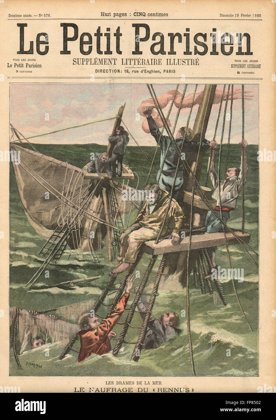 Matrosen klammern sich an einen Mast bei Sea Ship Wrack 1900. Französische illustrierte Zeitung Le Petit Parisien Illustration Stockfoto