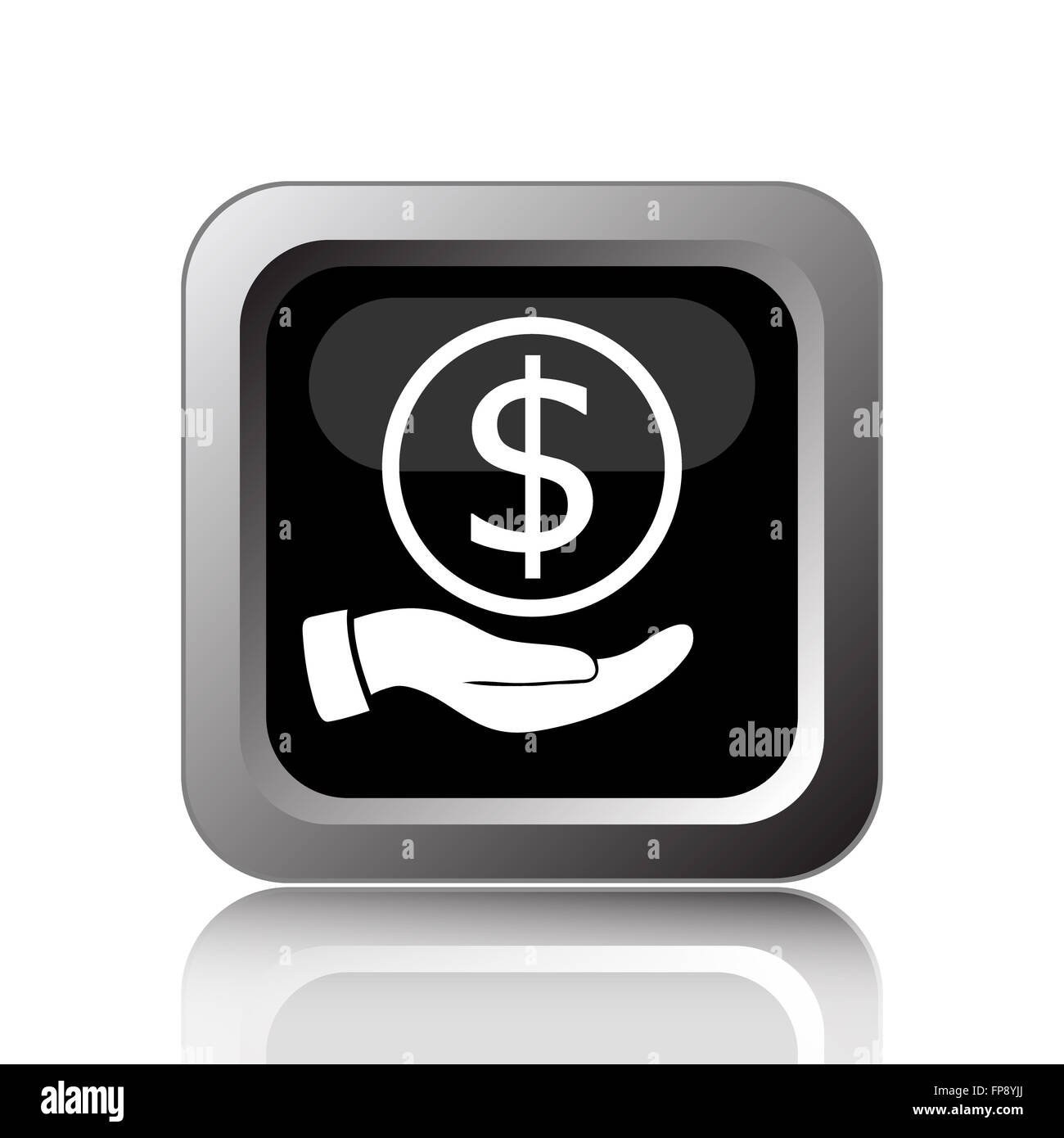 Geld in der Hand abgebildet. Internet-Button auf weißem Hintergrund. Stockfoto