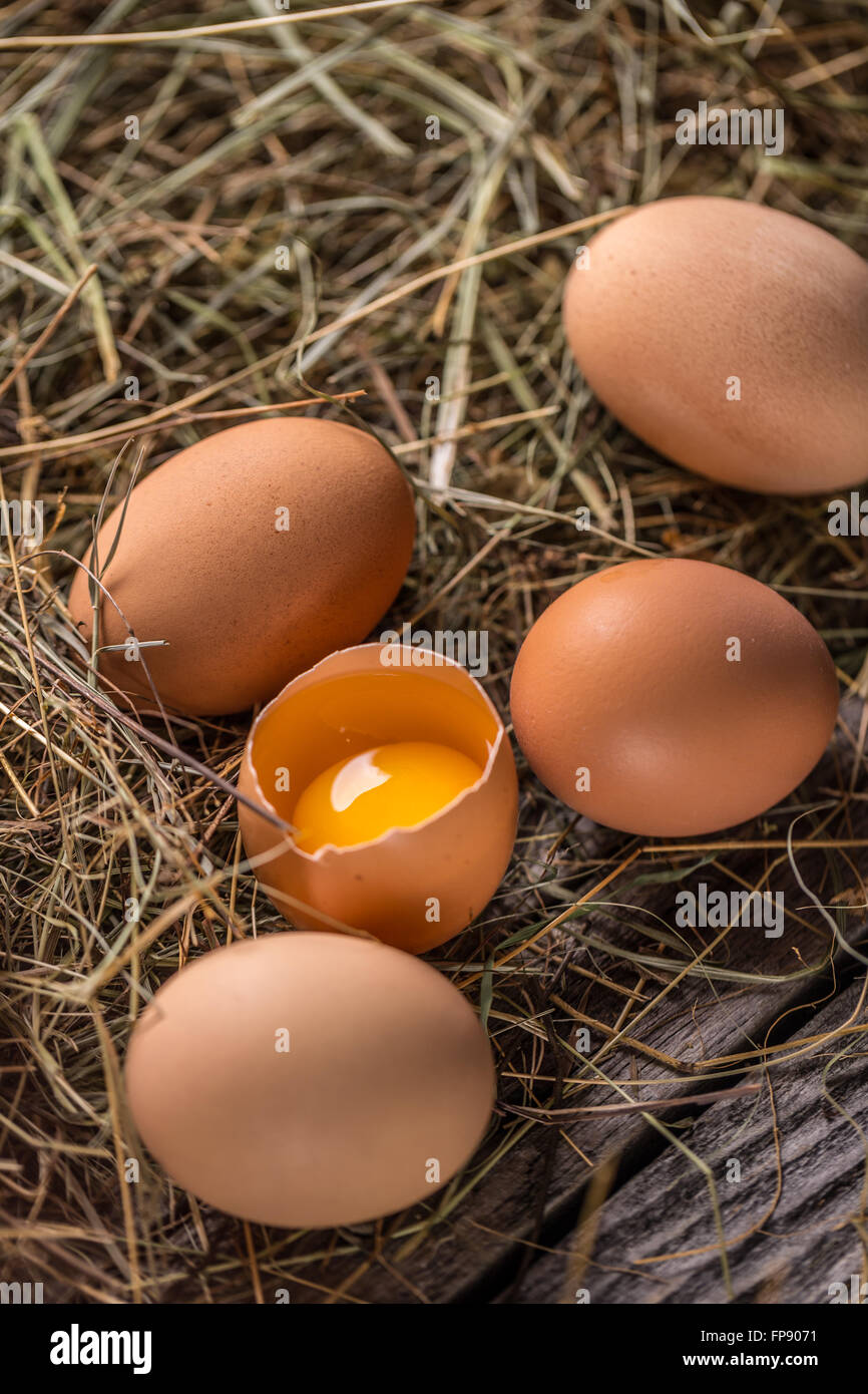 Braune Hühnereier auf rustikalen Hintergrund Stockfoto