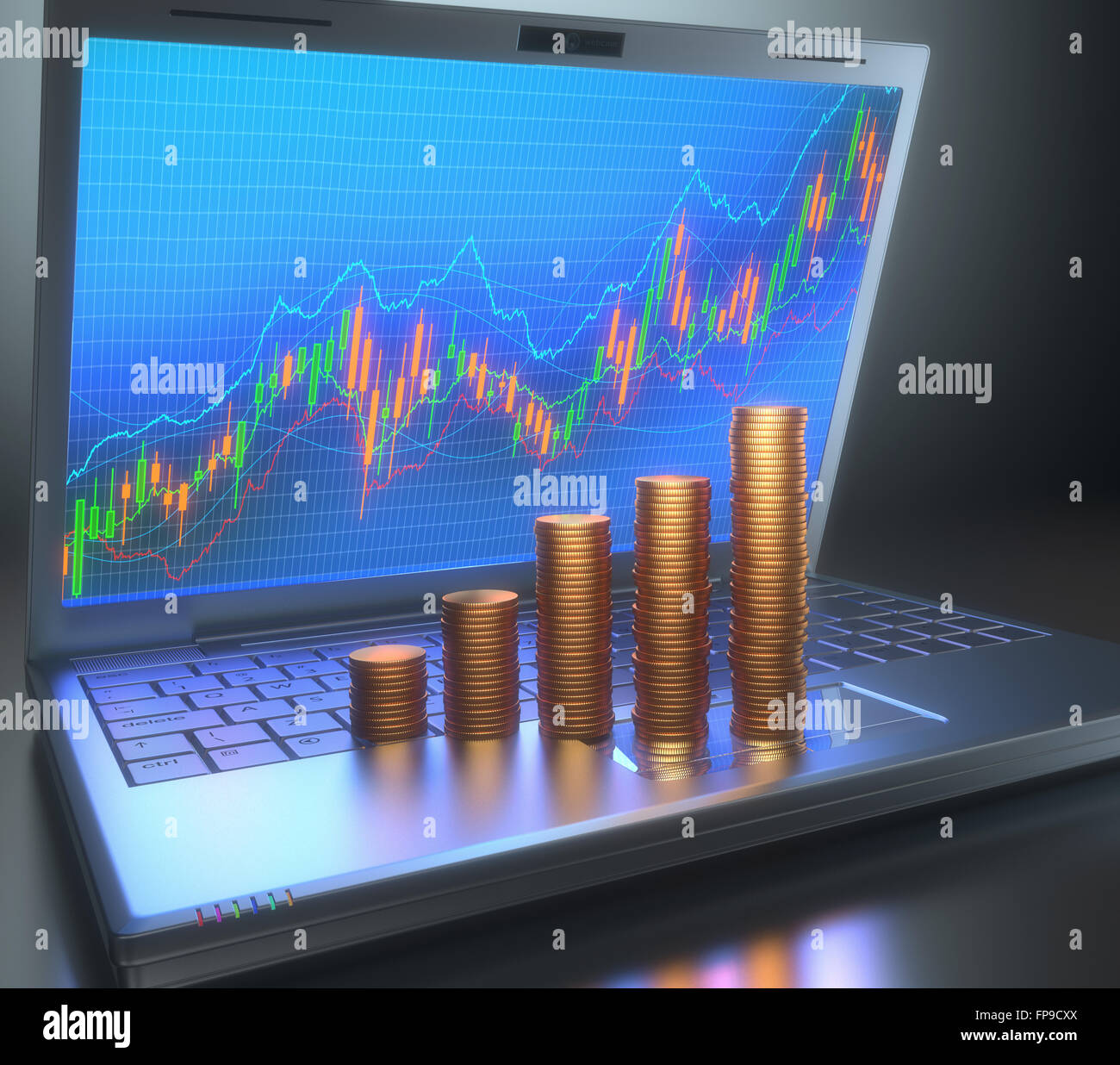 Aktien-Chart auf den Laptop-Bildschirm und Gold Münzen auf der Tastatur bilden eine wachsende Diagramm. Stockfoto