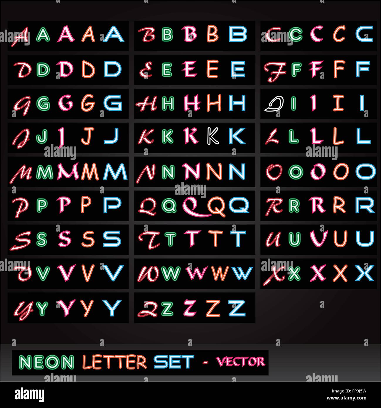 Bild der bunten Neon Buchstaben auf einem schwarzen Hintergrund. Stock Vektor