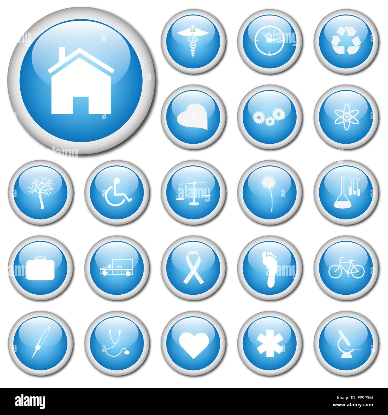 Bild von verschiedenen weiße Symbole auf bunten blauen Schaltflächen. Stock Vektor