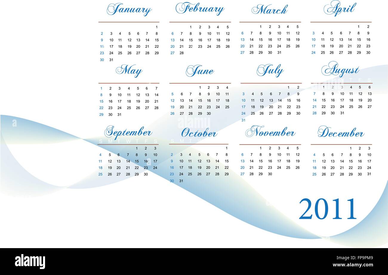 Bild von einem blau-weißen unter dem Motto 2011 Kalender. Stock Vektor
