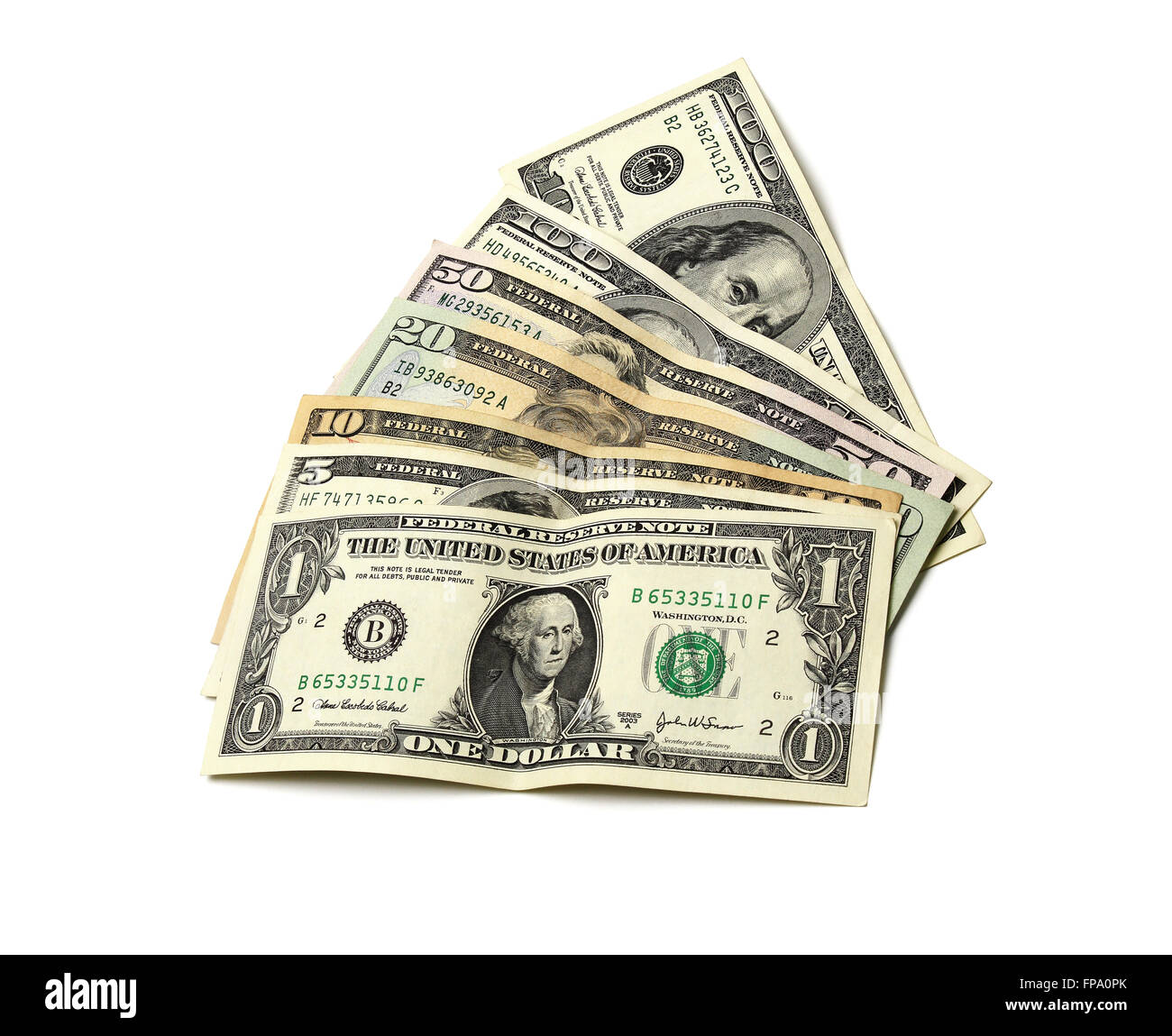 US-Dollar-Noten auf weißem Hintergrund Stockfoto
