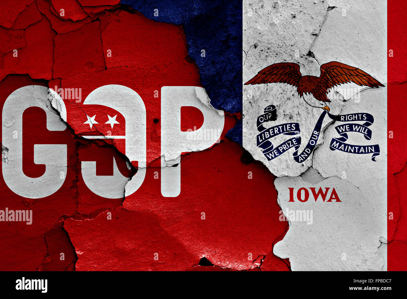 Flagge der GOP und Iowa auf rissige Wand gemalt Stockfoto