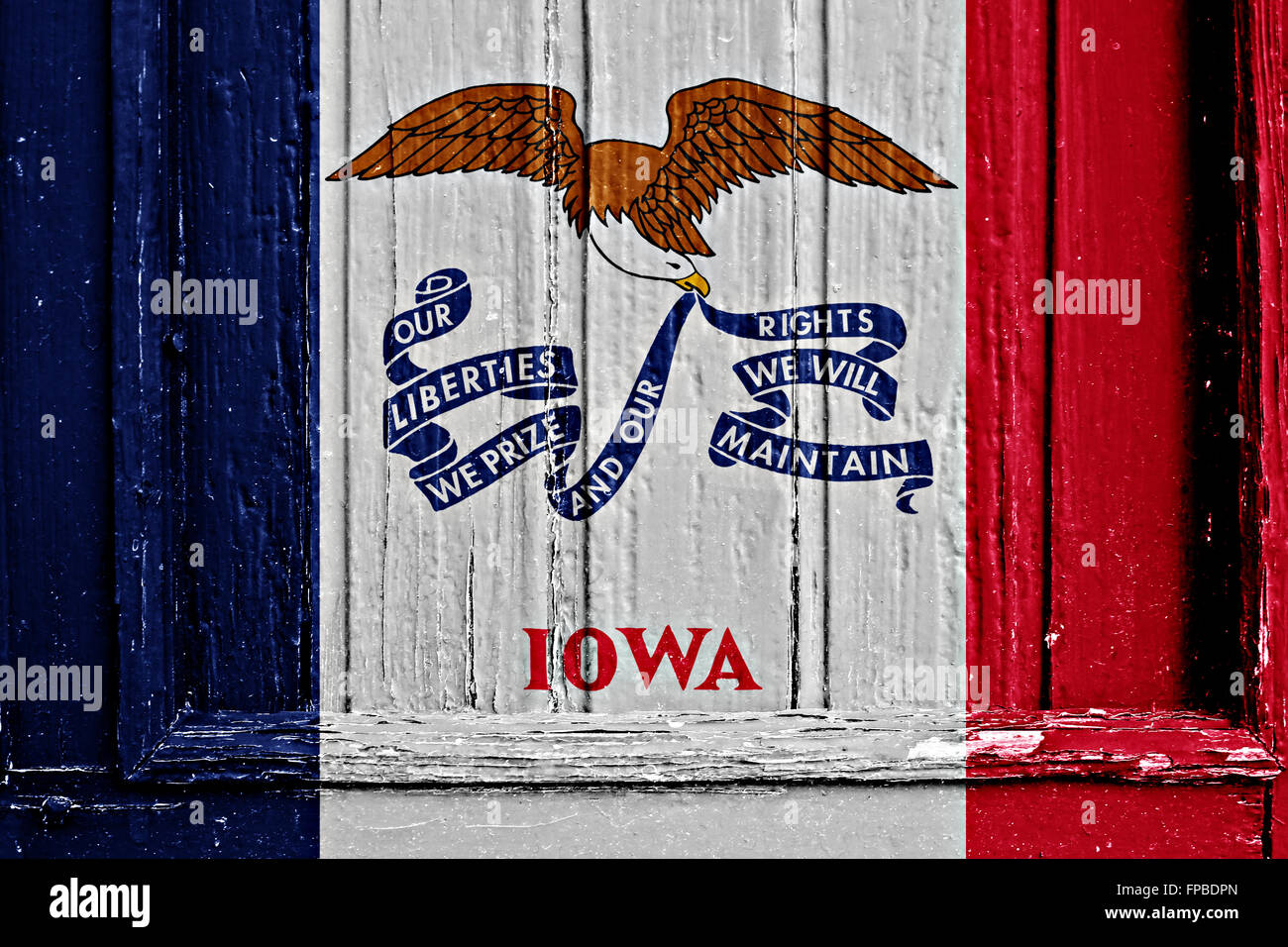 Flagge von Iowa bemalt auf Holzrahmen Stockfoto
