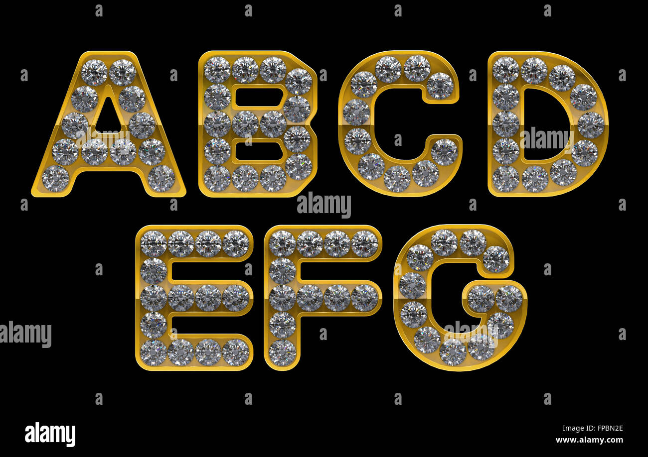 Golden A, B, C, D, E, F, G Buchstaben graviert mit Diamanten. Andere Zeichen sind in meinem portfolio Stockfoto