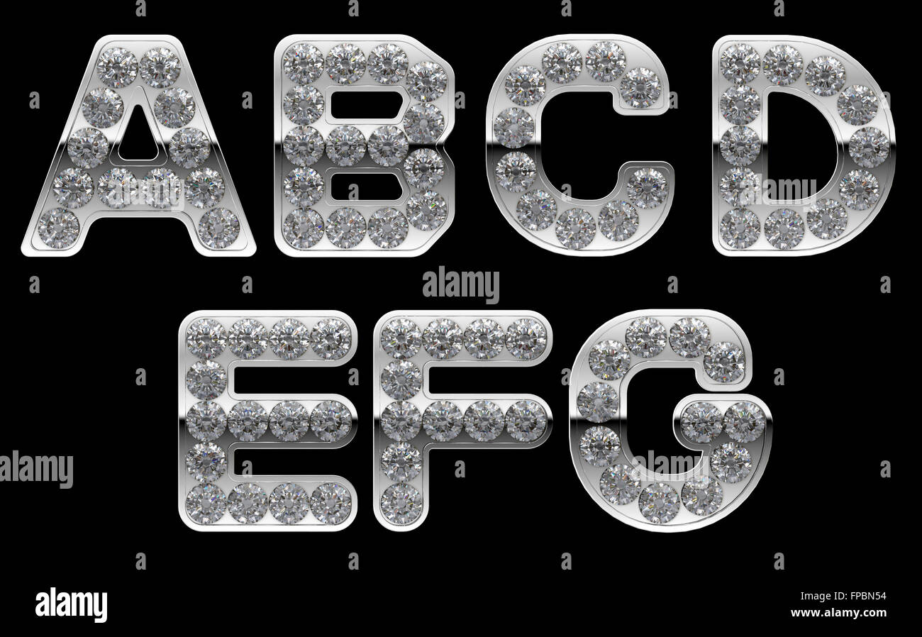 Silver A, B, C, D, E, F, G Buchstaben graviert mit Diamanten. Andere Zeichen sind in meinem portfolio Stockfoto