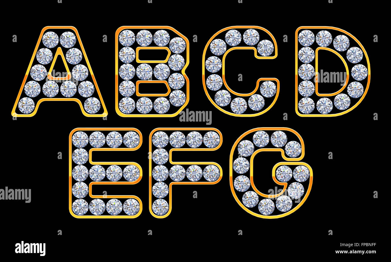 A, B, C, D, E, F, G Buchstaben graviert mit Diamanten. Andere Zeichen sind in meinem portfolio Stockfoto