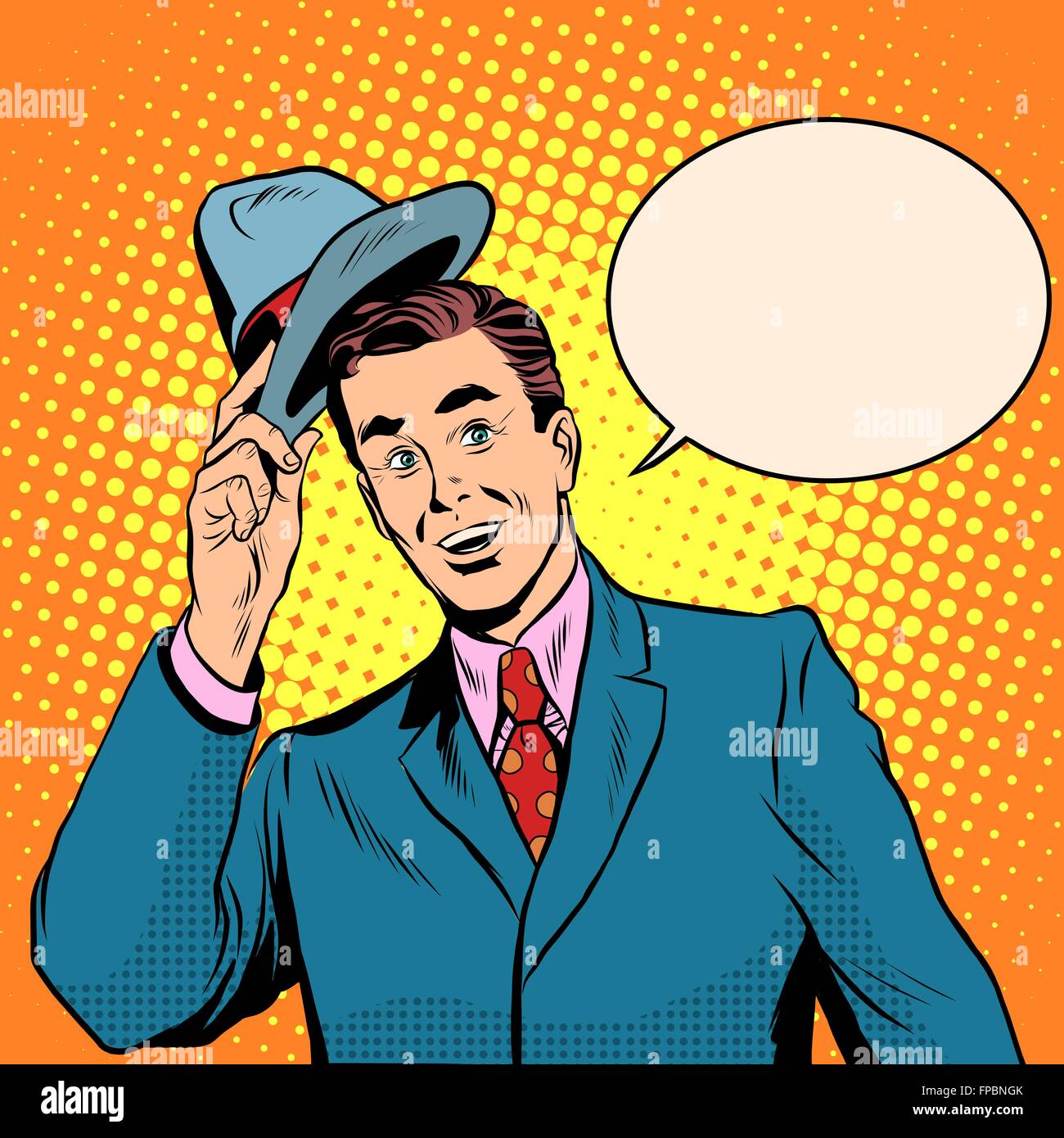 Hallo begrüßt der Mann wirft seinen Hut Stock Vektor