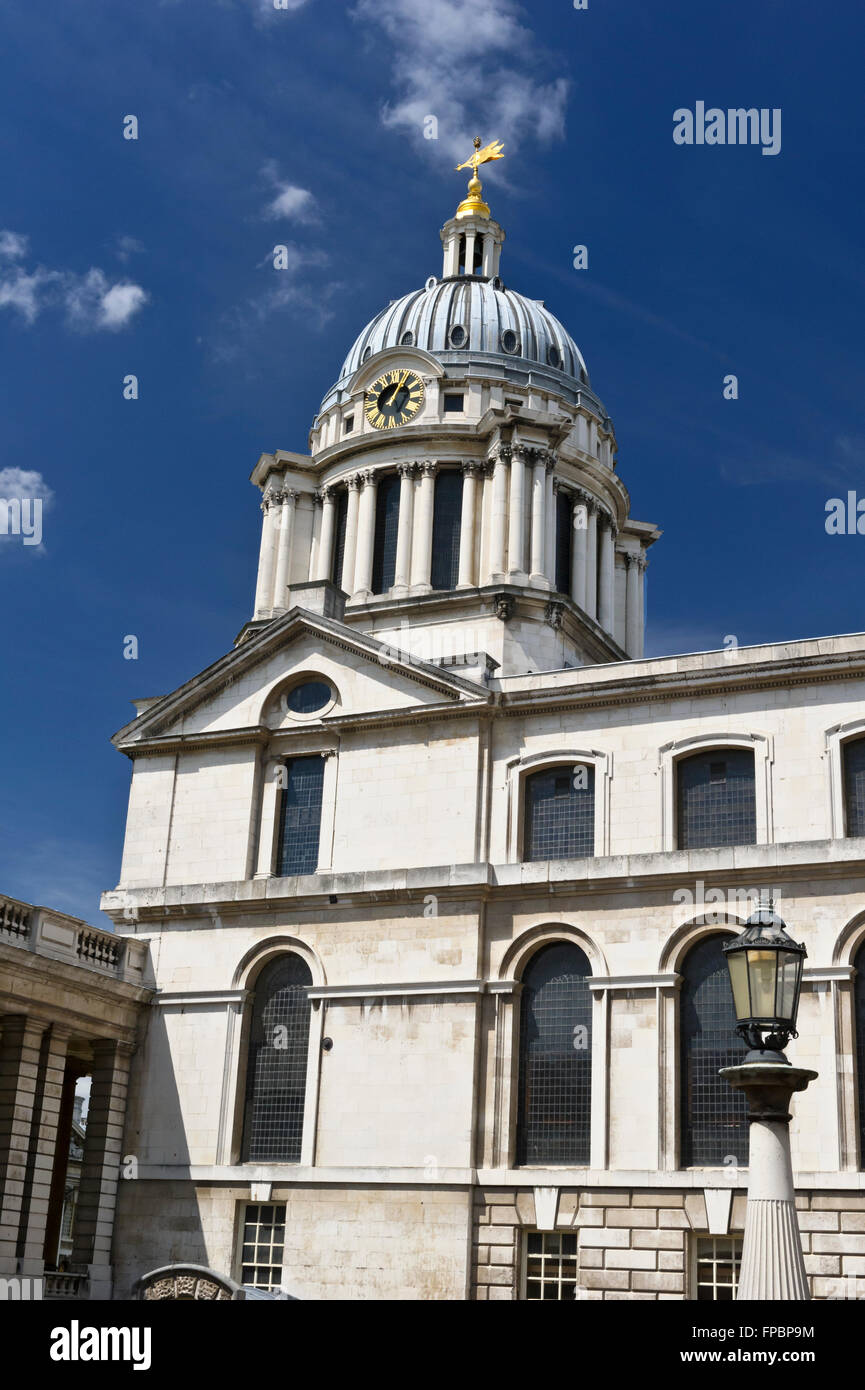 Die Kuppel der Kapelle an das Royal Naval College in Greenwich, London, Vereinigtes Königreich. Stockfoto