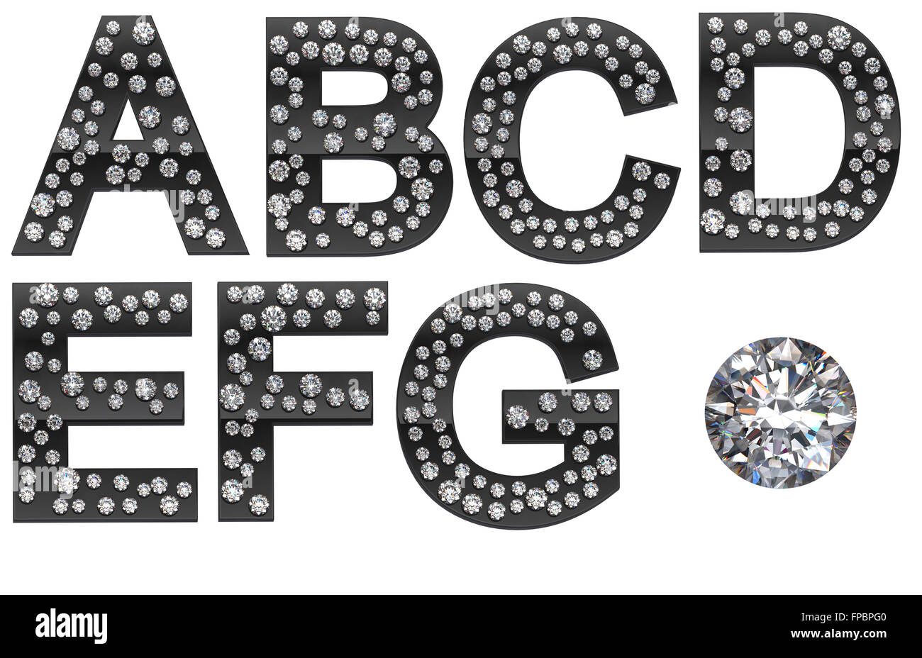 Diamant-A, B, C, D, E, F, G Buchstaben mit großen Edelstein. Andere Zeichen sind in meinem portfolio Stockfoto