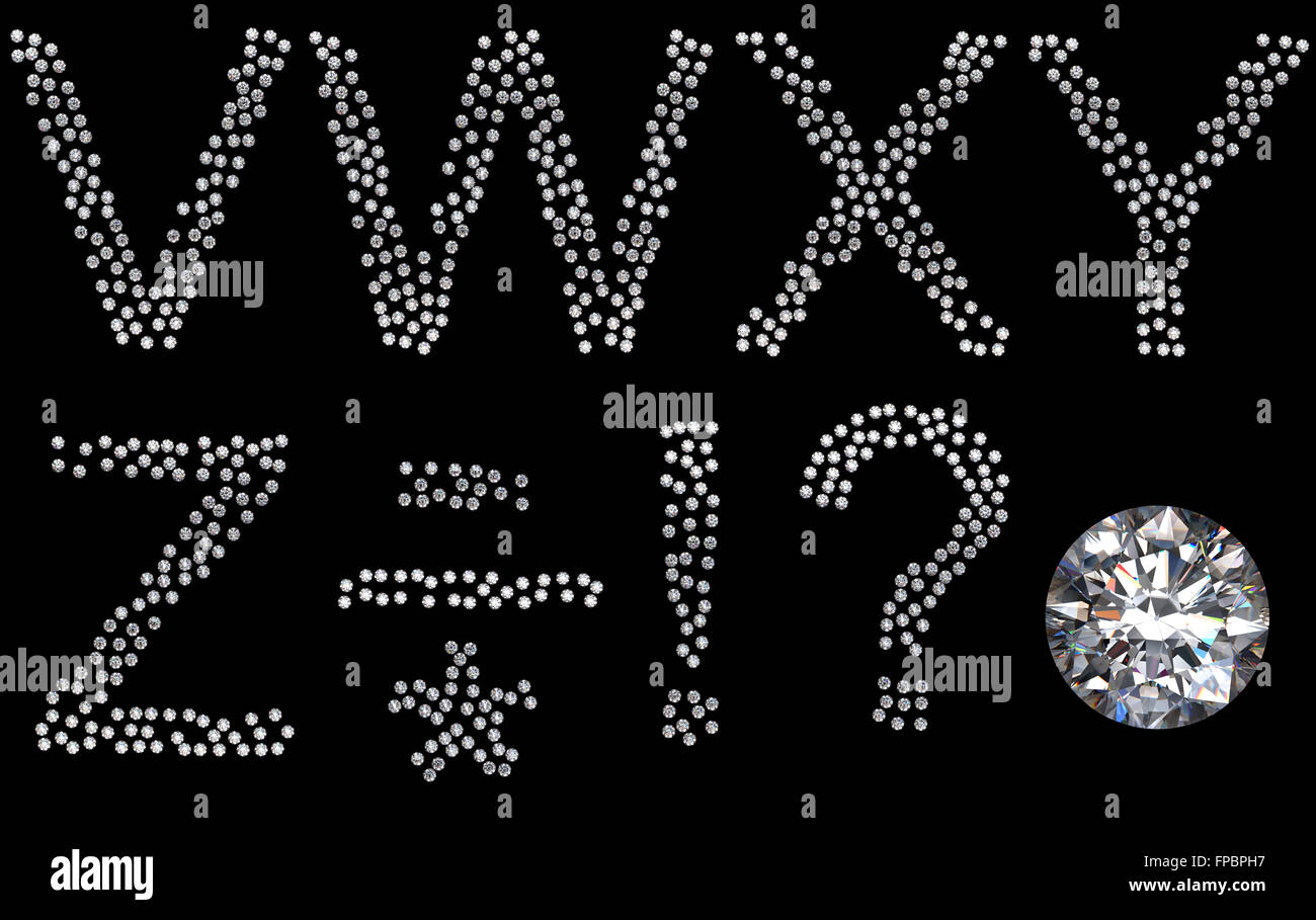 V, Z, W, X, Y Buchstaben und Satzzeichen markiert mit großen Edelstein Diamant. Andere Zeichen sind in meinem portfolio Stockfoto