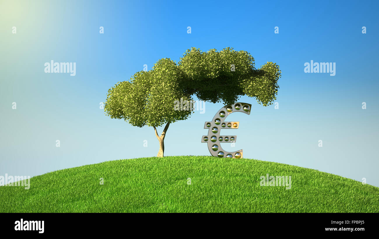 Euro-Symbol unter Baum auf grün Sichthilfe. Blauer Himmel ist vorbei Stockfoto