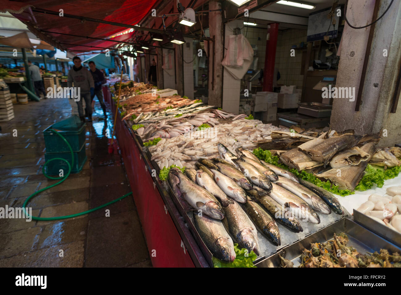 Zwei Männer, Reinigung und Lagerung der Markt Stände mit Meeresfrüchten vor der Eröffnung des Rialto Fischmarkt in Venedig Stockfoto