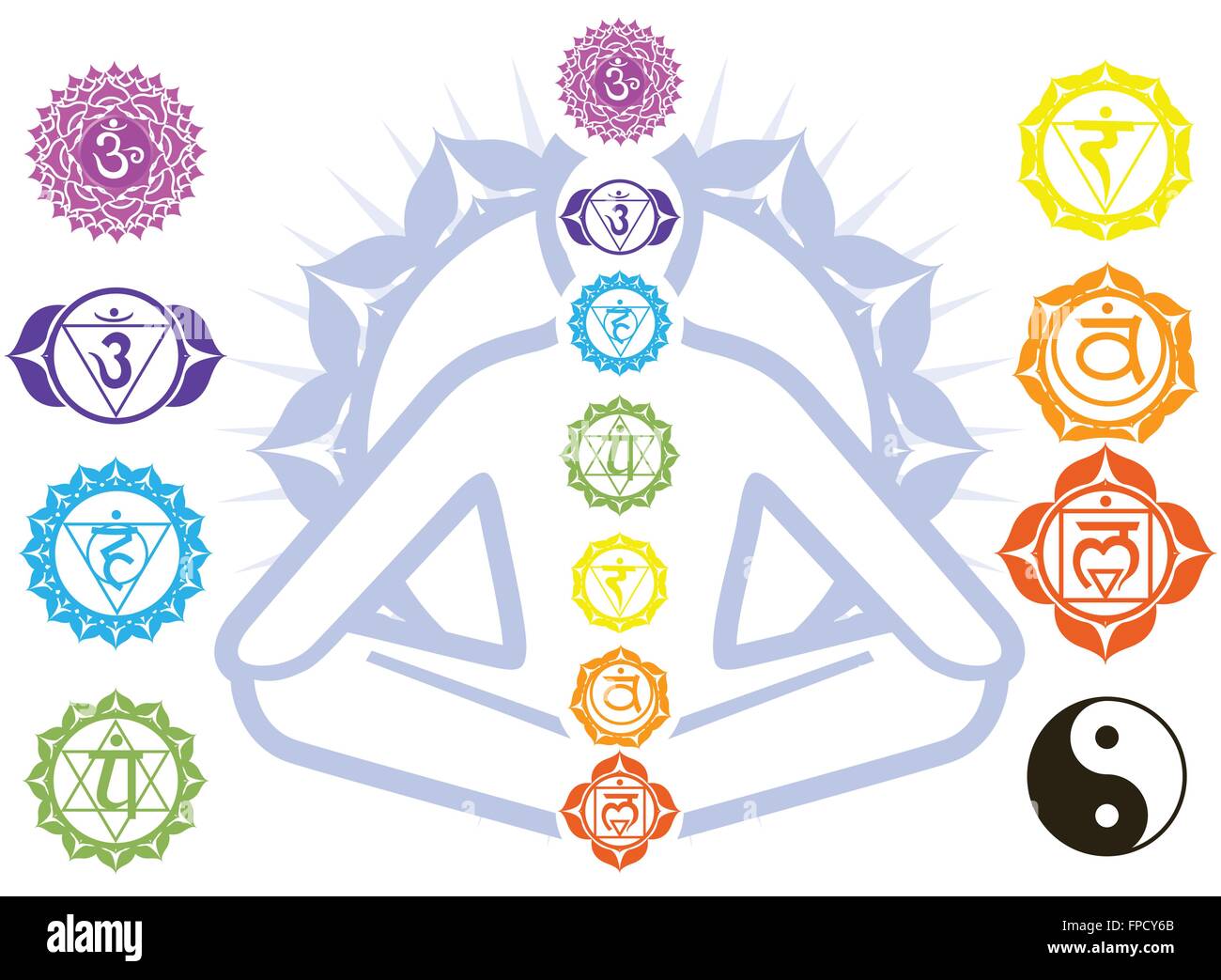Chakras und Spiritualität Symbole auf den Menschen im Lotussitz Stock Vektor