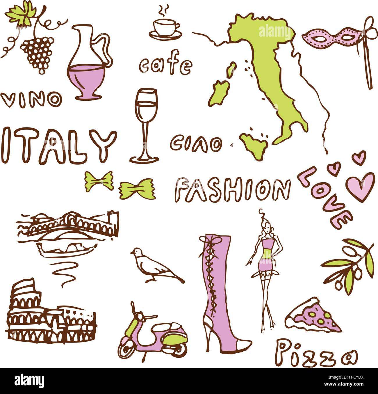 Italien-doodle - Sehenswürdigkeiten-Symbole Stock Vektor