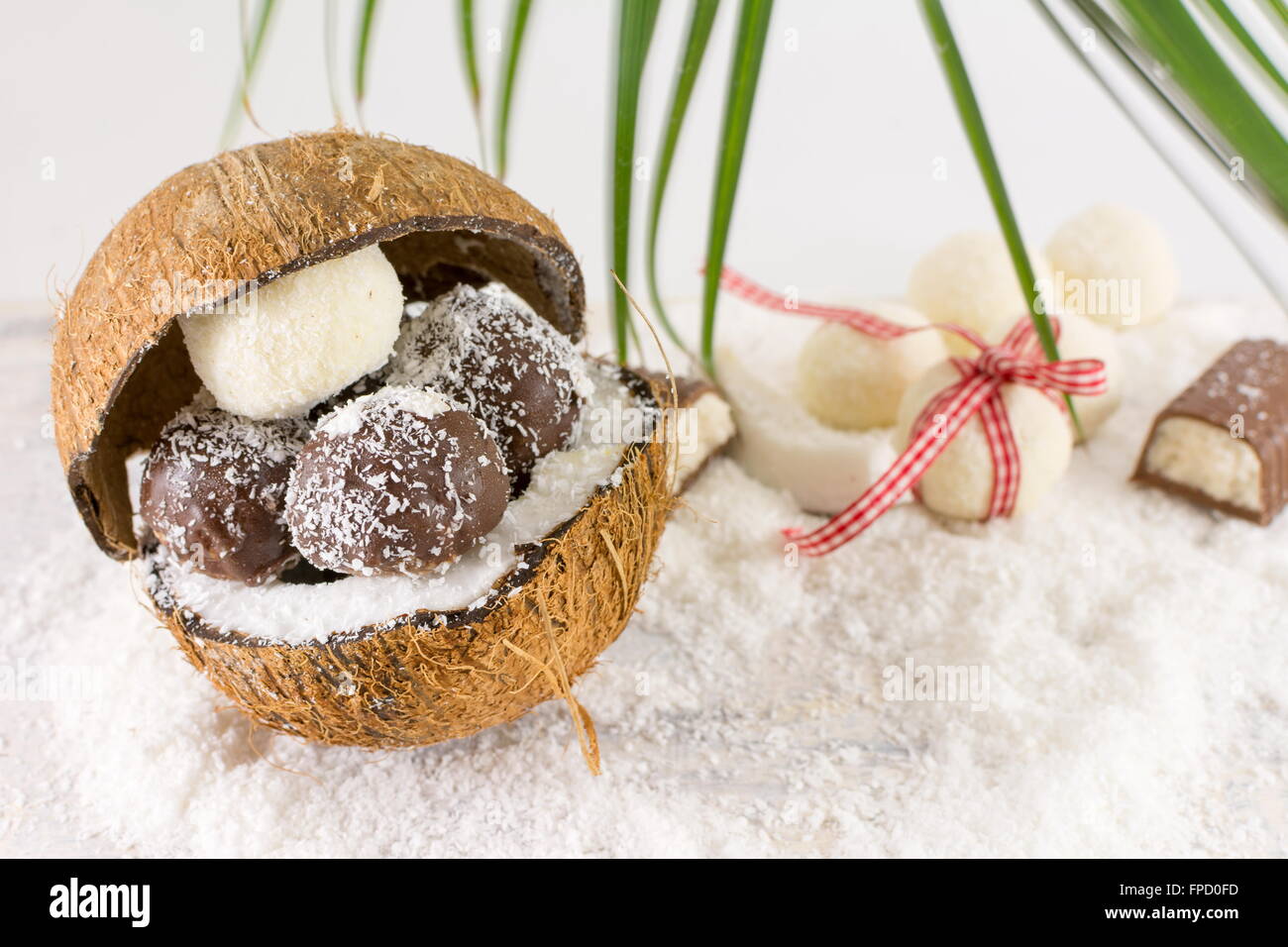 Frische Kokosnuss und hausgemachtes Kokosnuss-Cookies auf geerdeten Kokosnuss Stockfoto
