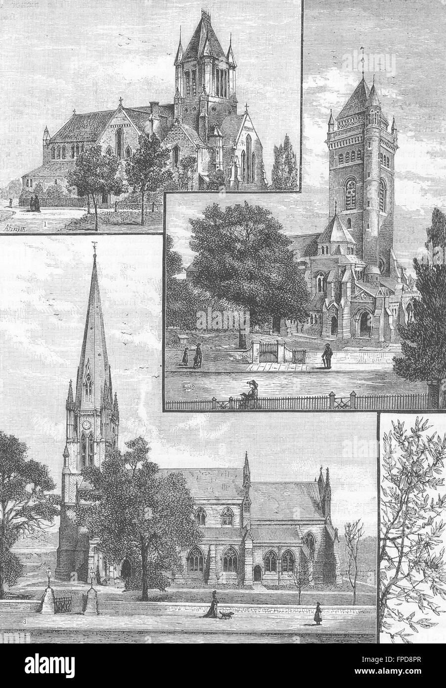 EALING Kirchen: St. Johns; Str. Marys Kirche; Christuskirche, print 1888 Stockfoto