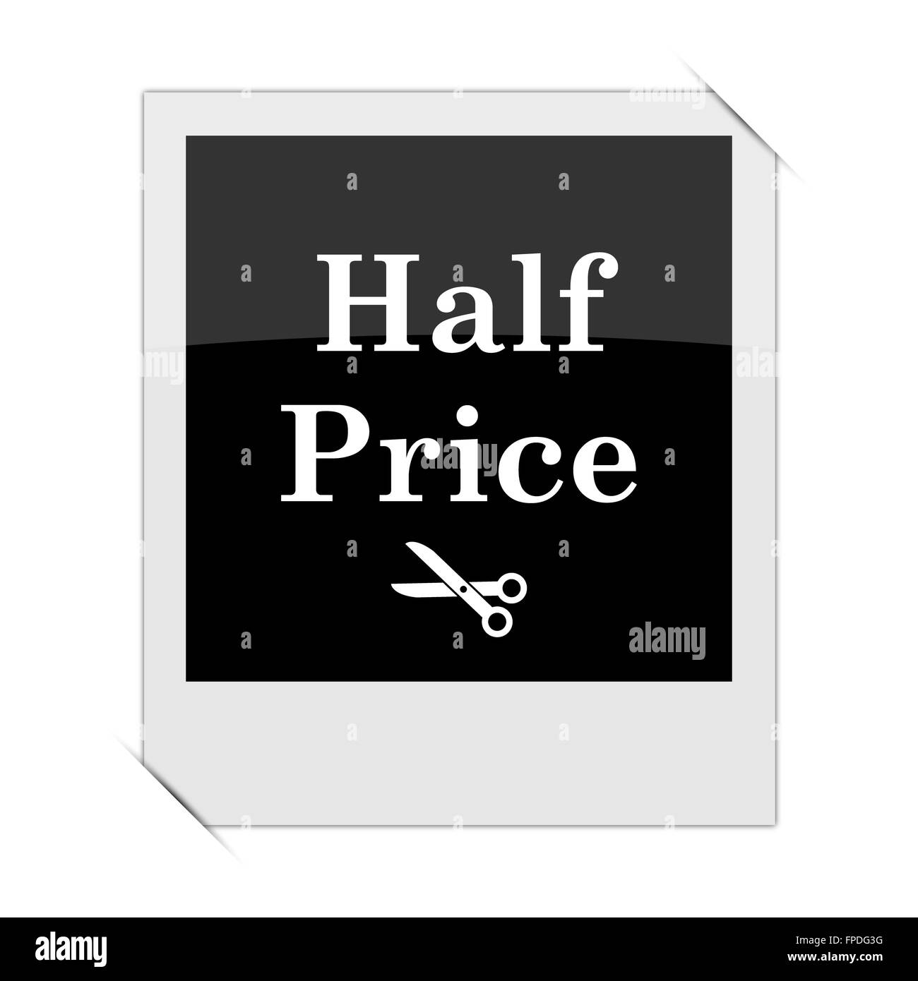Zum halben Preis-Symbol in ein Foto auf weißem Hintergrund Stockfoto