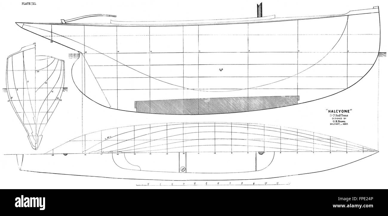 BELFAST LOUGH Boot PLAN: "Halcyone", GH Brown, antique print 1891 Stockfoto