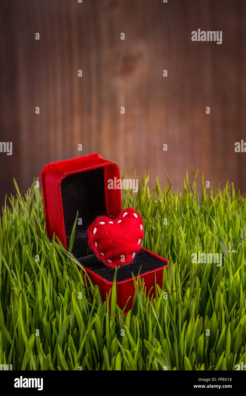 Roten Filz Herz in Ring box Stockfoto