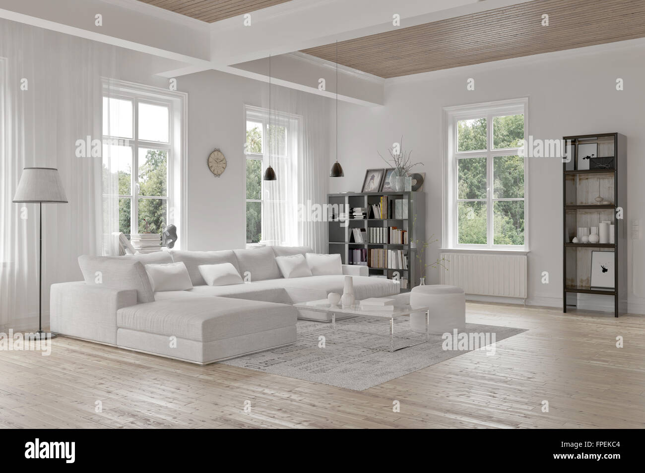 Modernes Loft Wohnzimmer Interieur Mit Einfarbigen Weissen Dekor Eine Komfortable Modulare Lounge Suite Und Teppich Und Akzent Bucherregale Mit Strukturellen Deckenbalken Stockfoto Bild 99896836 Alamy