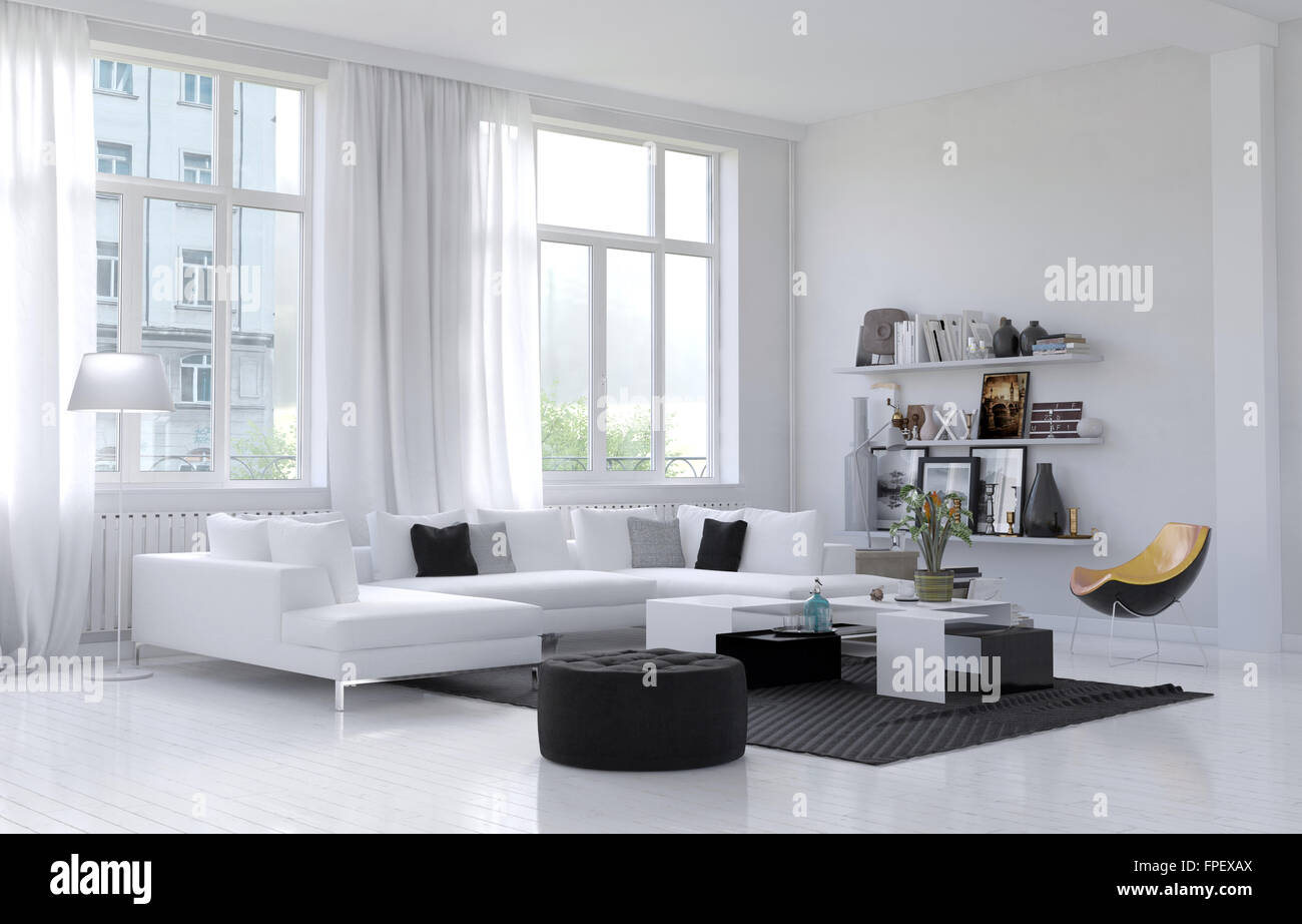 Grosse Weisse Wohnzimmer Interieur Mit Grossen Fenstern Und Einer