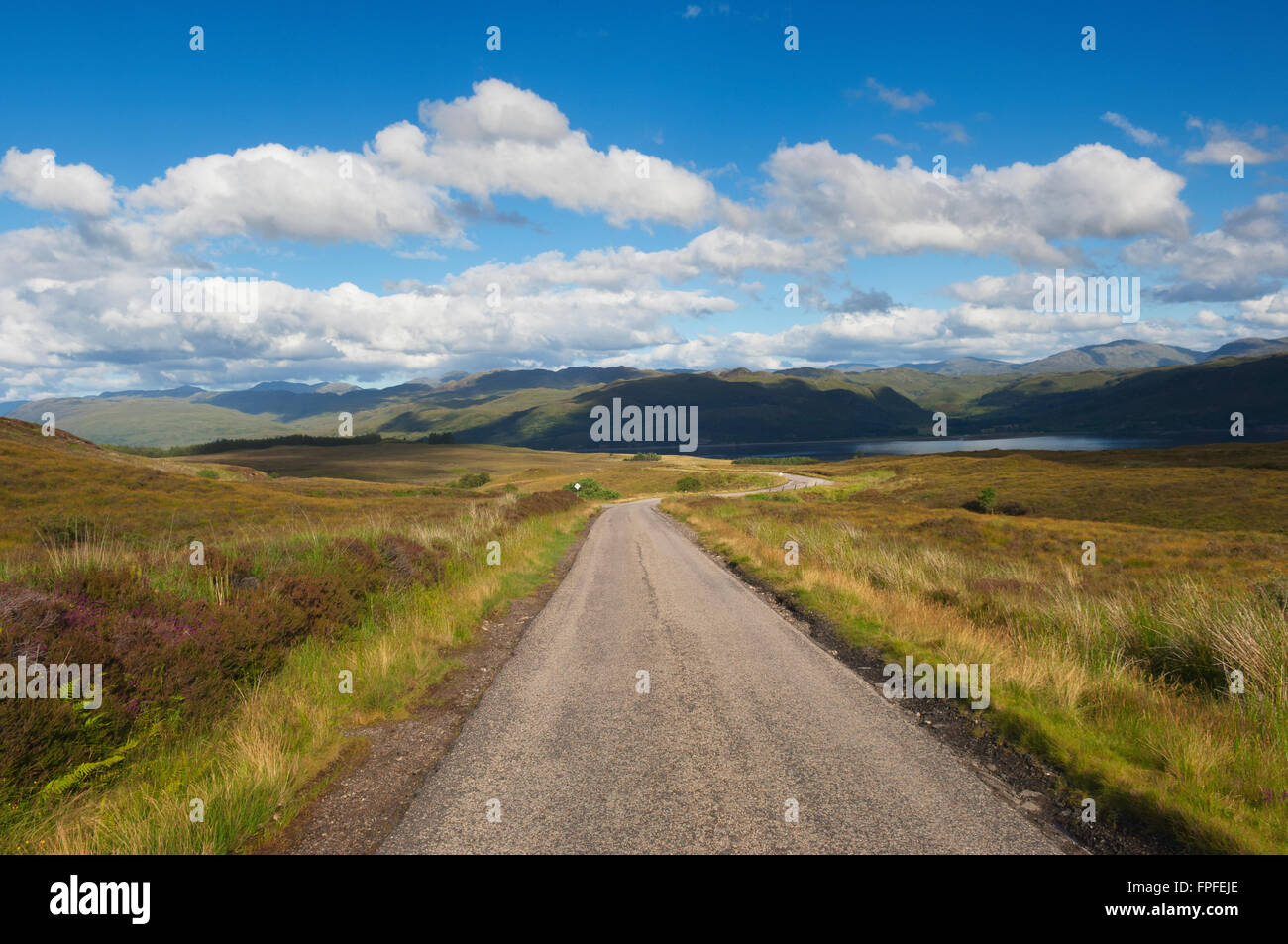 Einspurige Straße in den schottischen Highlands mit blauem Himmel und weißen Wolken - in der Nähe von Lochcarron, Ross-Shire, Schottland. Stockfoto