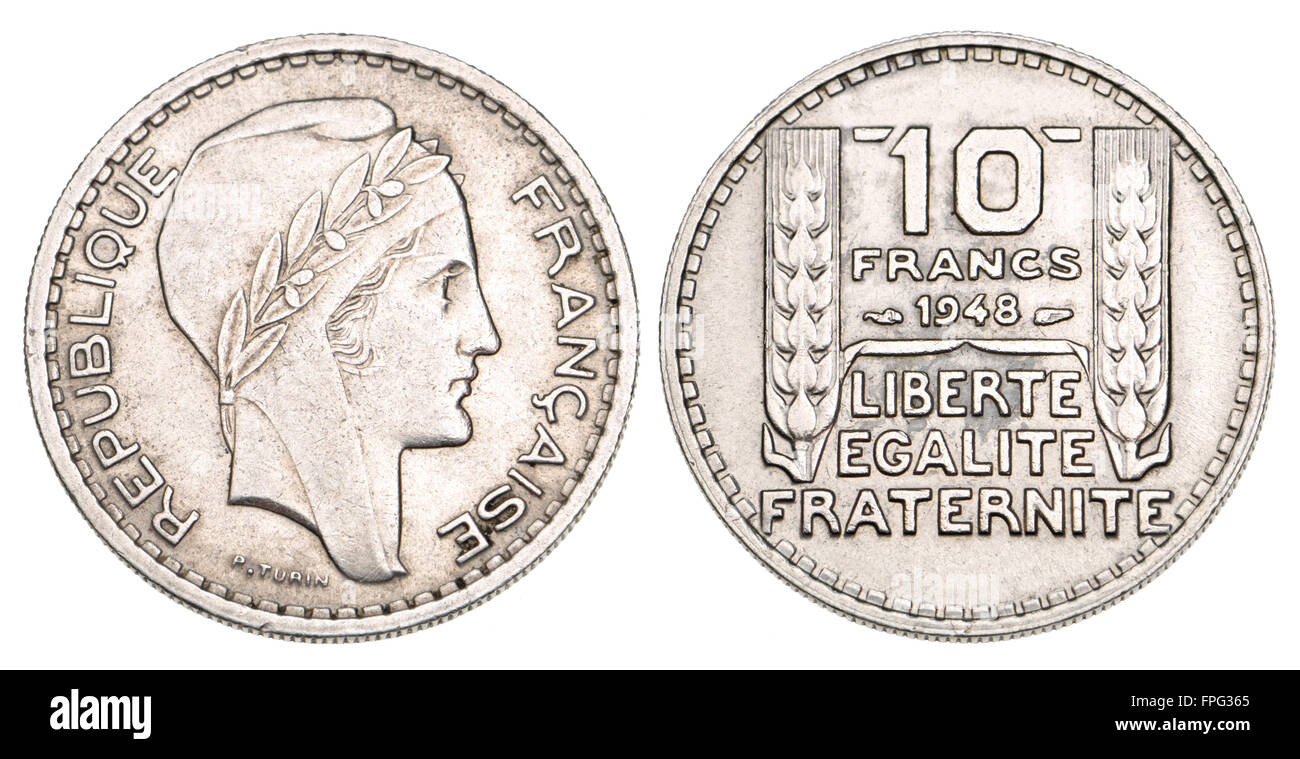 Französische 10F Münze, 1948. Head of Liberty und Ähren Stockfoto