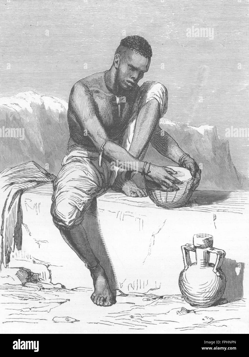 SUDAN: Dinka Tribesman, weißen Nil, ausbessern seine Trommel, antiken Druck 1880 Stockfoto