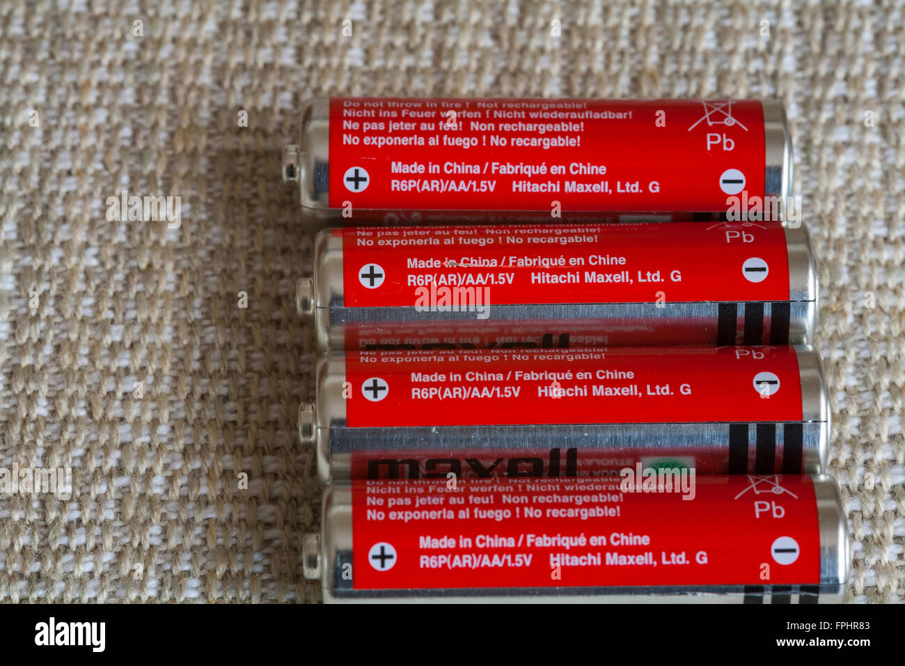 Nahaufnahme nicht wiederaufladbare alkaline AA-Batterien in China Art der Hauptakku Reaktion zwischen Zink und Mangandioxid abhängig gemacht Stockfoto